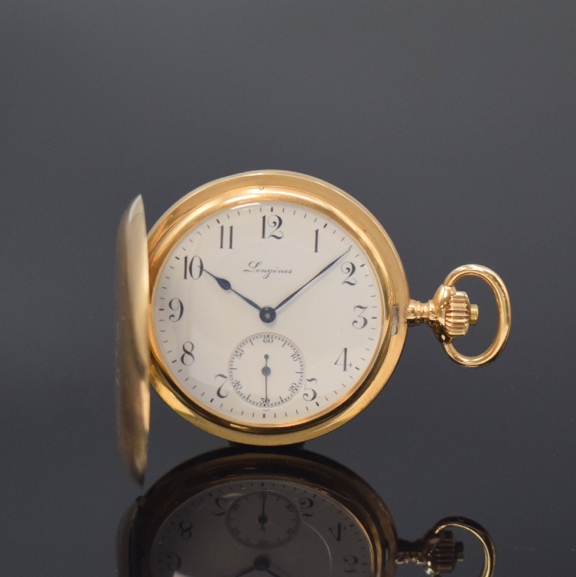 LONGINES Herrensavonette in RoseG 585/000, Schweiz um 1920, guill. 2-Deckel Goldgeh. l. dell., Sprungdeckel m. Schmuckmonogramm GK, verg. Cuv. m. ...