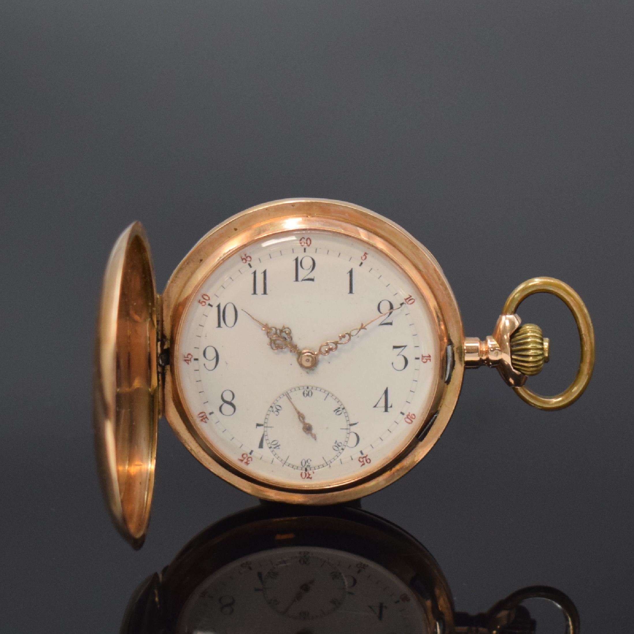 RHEINGOLD Herrensavonette in RG 585/000, Schweiz um 1900, glattes 2-Deckel Goldgeh. dell., Sprungdeckel mit Schmuckmonogramm ber., Emailzifferbl. m. ...