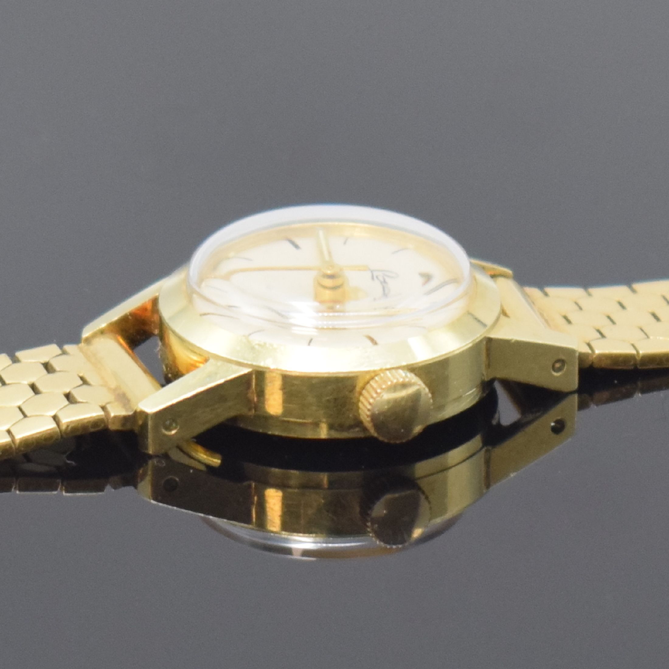 Detail c: LACO Damenarmbanduhr in GG 585/000 an GG 750/000 Band, Deutschland um 1960, Handaufzug, Boden aufgedr., silb. Zifferbl. m. aufgel. Indizes, Anz. v. ...