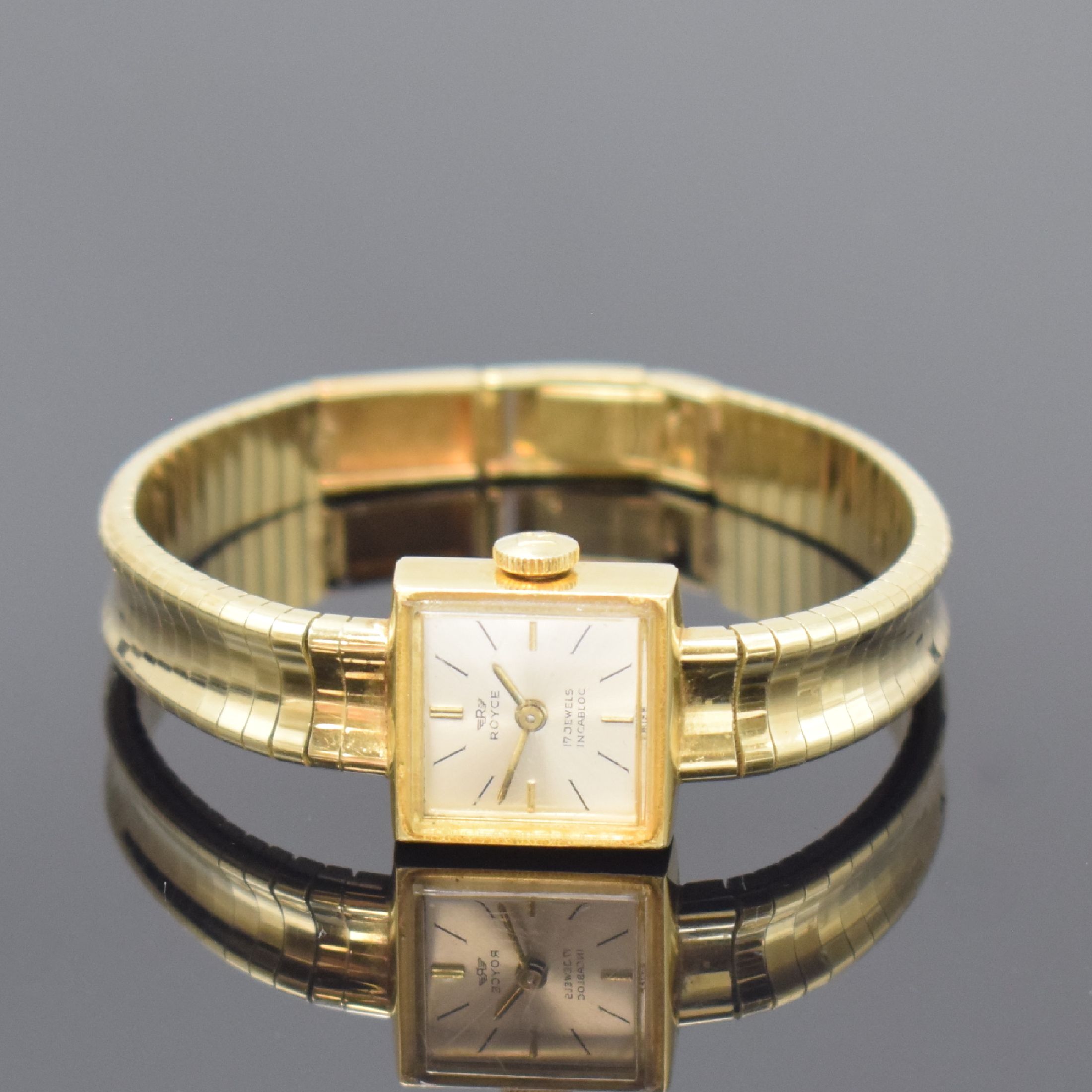 ROYCE Damenarmbanduhr in GG 585/000, Schweiz 1960er Jahre, Handaufzug, Boden aufgedr., silb. Zifferbl. altersbed. l. fl., Kal. AS 1677, 17 St., M. ...