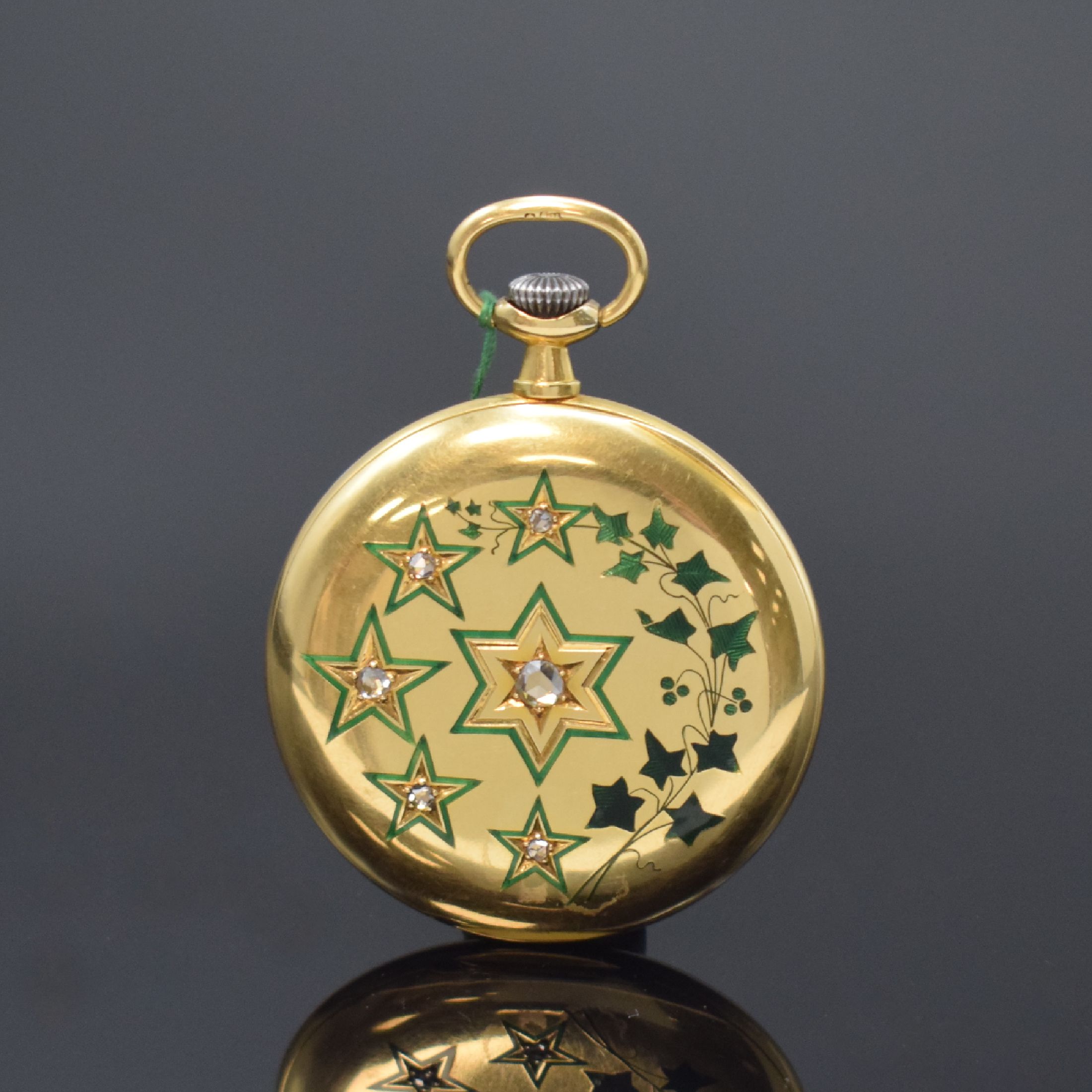Detail a: BEAUMONT offene Taschenuhr in GG 750/000 mit Diamanten, Schweiz um 1915, glattes Geh., Goldcuvette, rücks. emaill. u. m. Diam. bes., Emailzifferbl. ...