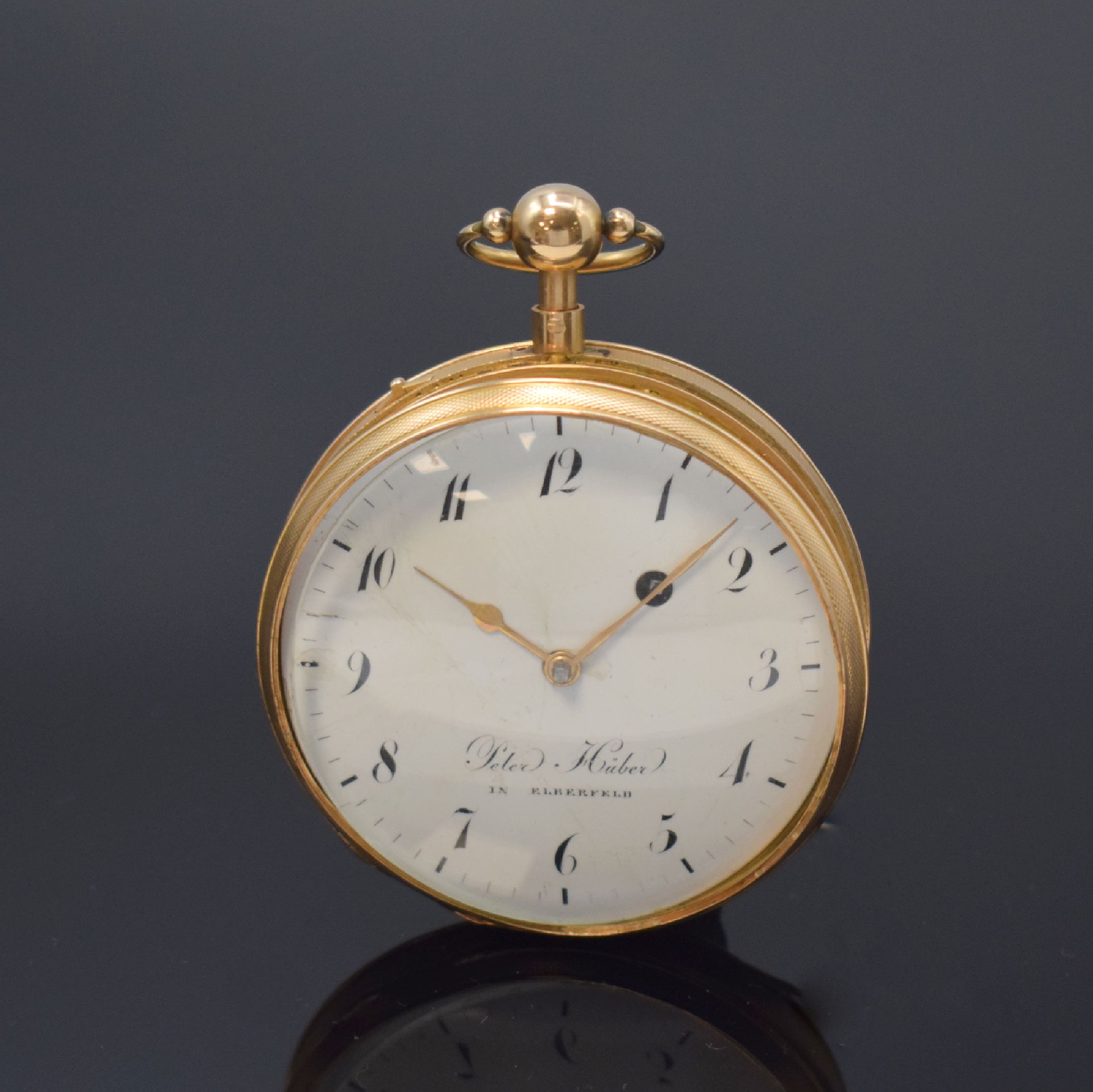 PETER HÜBER in Elberfeld seltene deutsche Zylindertaschenuhr mit 1/4-Repetition in RG 750/000, Deutschland um 1820, Schlüsselaufzug, guill. Geh., ...