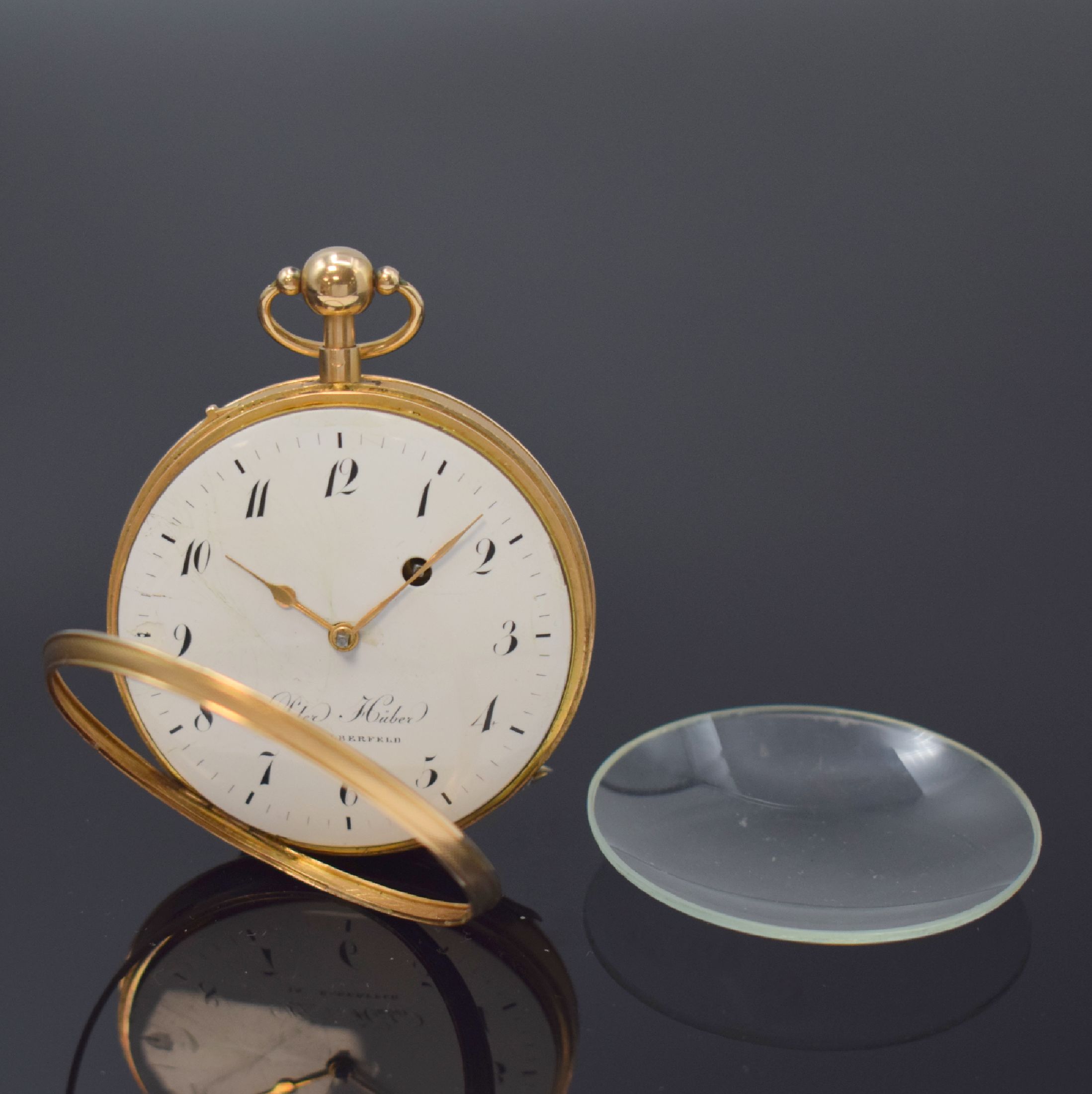 Detail a: PETER HÜBER in Elberfeld seltene deutsche Zylindertaschenuhr mit 1/4-Repetition in RG 750/000, Deutschland um 1820, Schlüsselaufzug, guill. Geh., ...