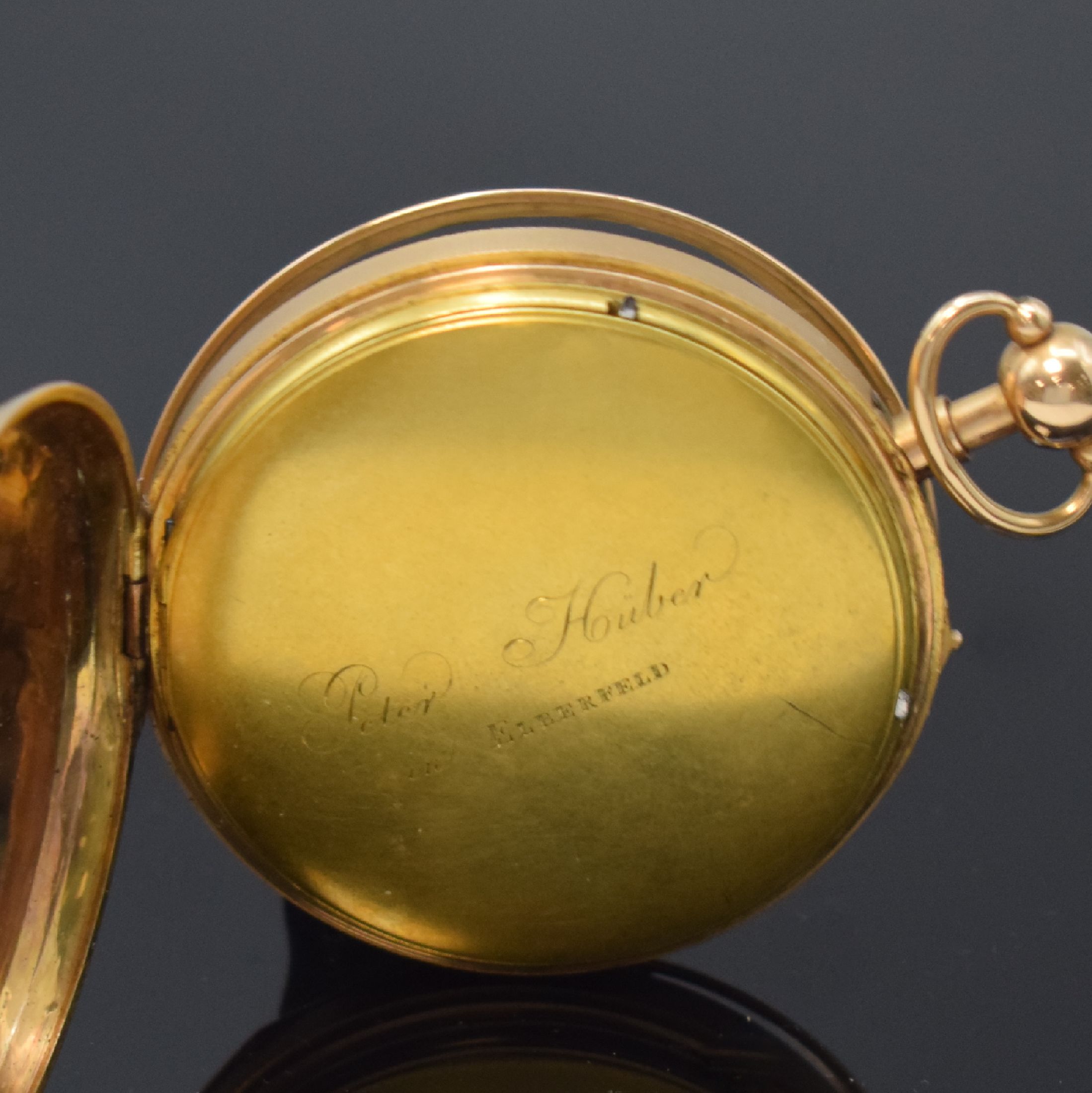 Detail d: PETER HÜBER in Elberfeld seltene deutsche Zylindertaschenuhr mit 1/4-Repetition in RG 750/000, Deutschland um 1820, Schlüsselaufzug, guill. Geh., ...