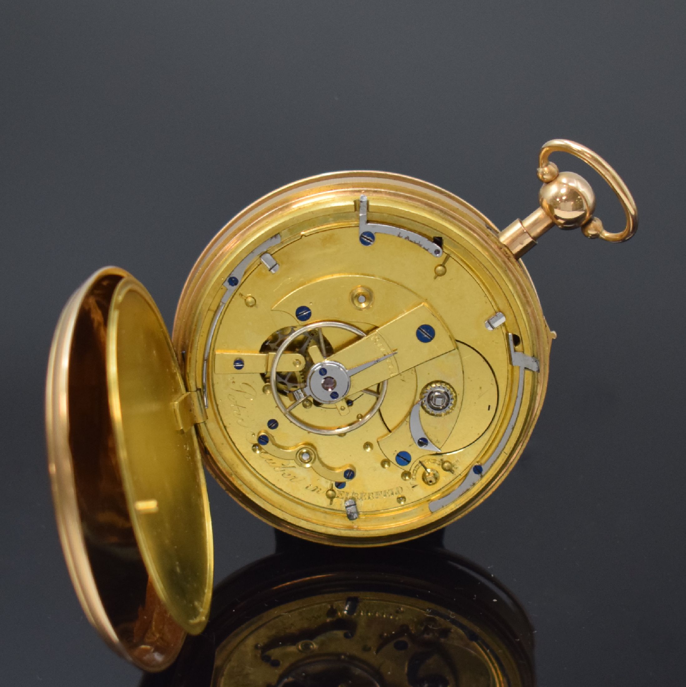 Detail e: PETER HÜBER in Elberfeld seltene deutsche Zylindertaschenuhr mit 1/4-Repetition in RG 750/000, Deutschland um 1820, Schlüsselaufzug, guill. Geh., ...