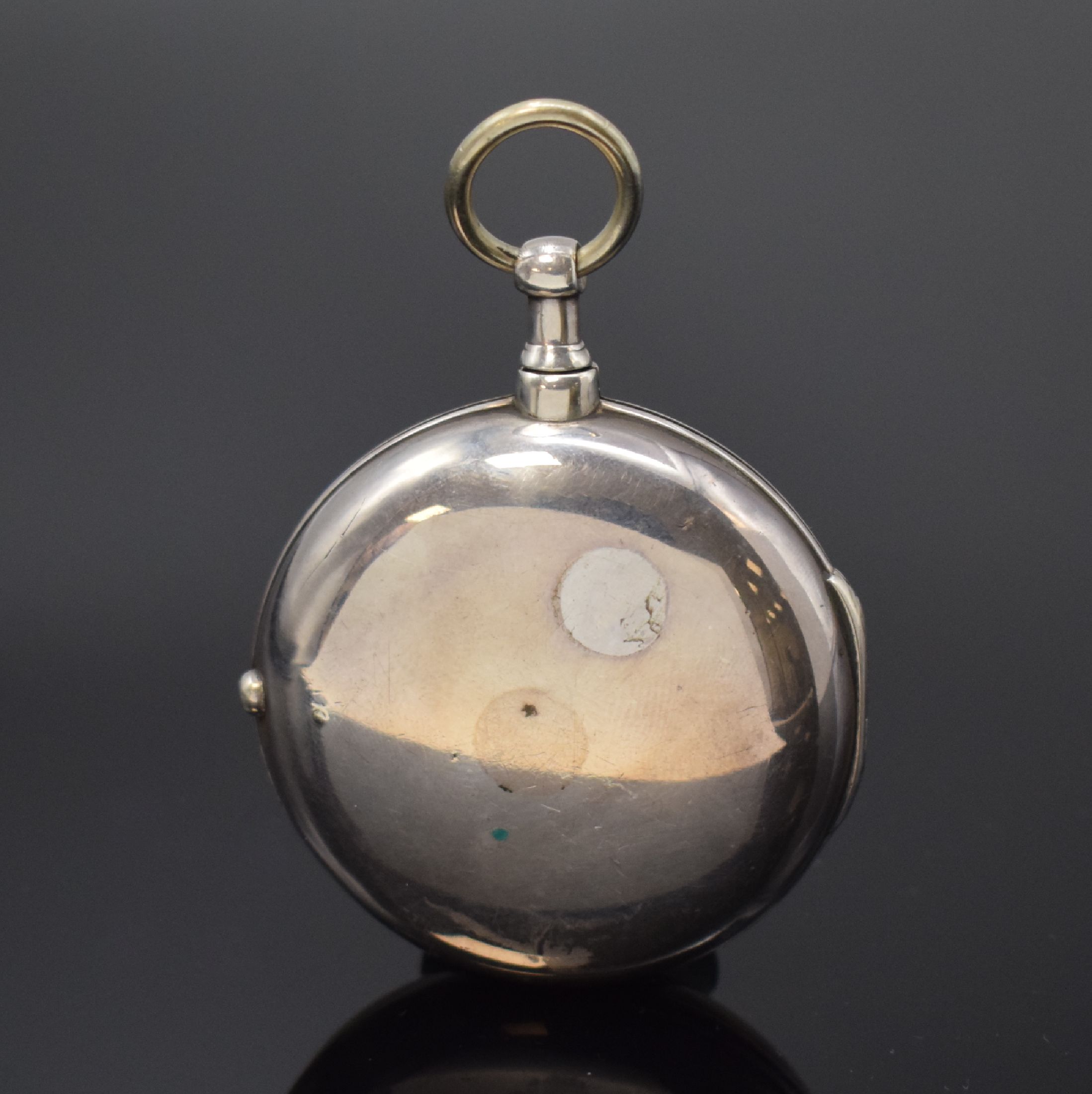 Detail a: THO. OLLIVE Spindeltaschenuhr in Silber, England um 1790, doppeltes Geh., Emailzifferbl. m. arab. Zahlen besch., gebl. Zeiger, verg. Werk m. Kette u. ...