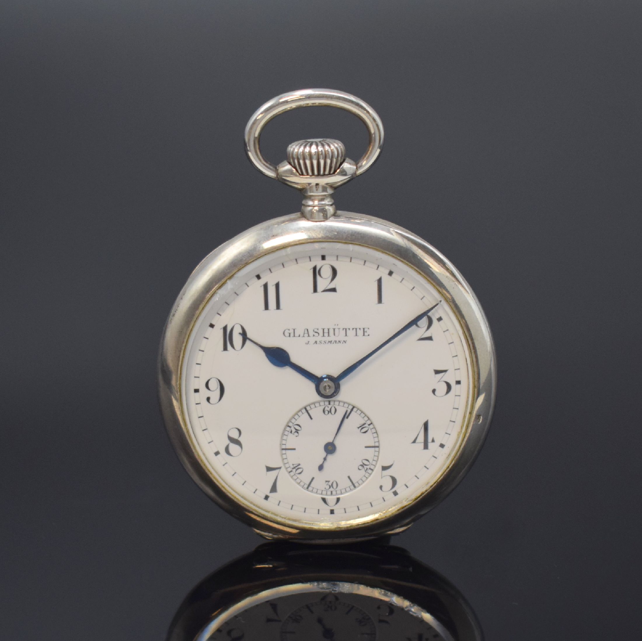J. ASSMANN Glashütte offene Taschenuhr in 900er Silber, Deutschland um 1915, glattes Lucia Silbergehäuse l. dell., 2-teil. ...