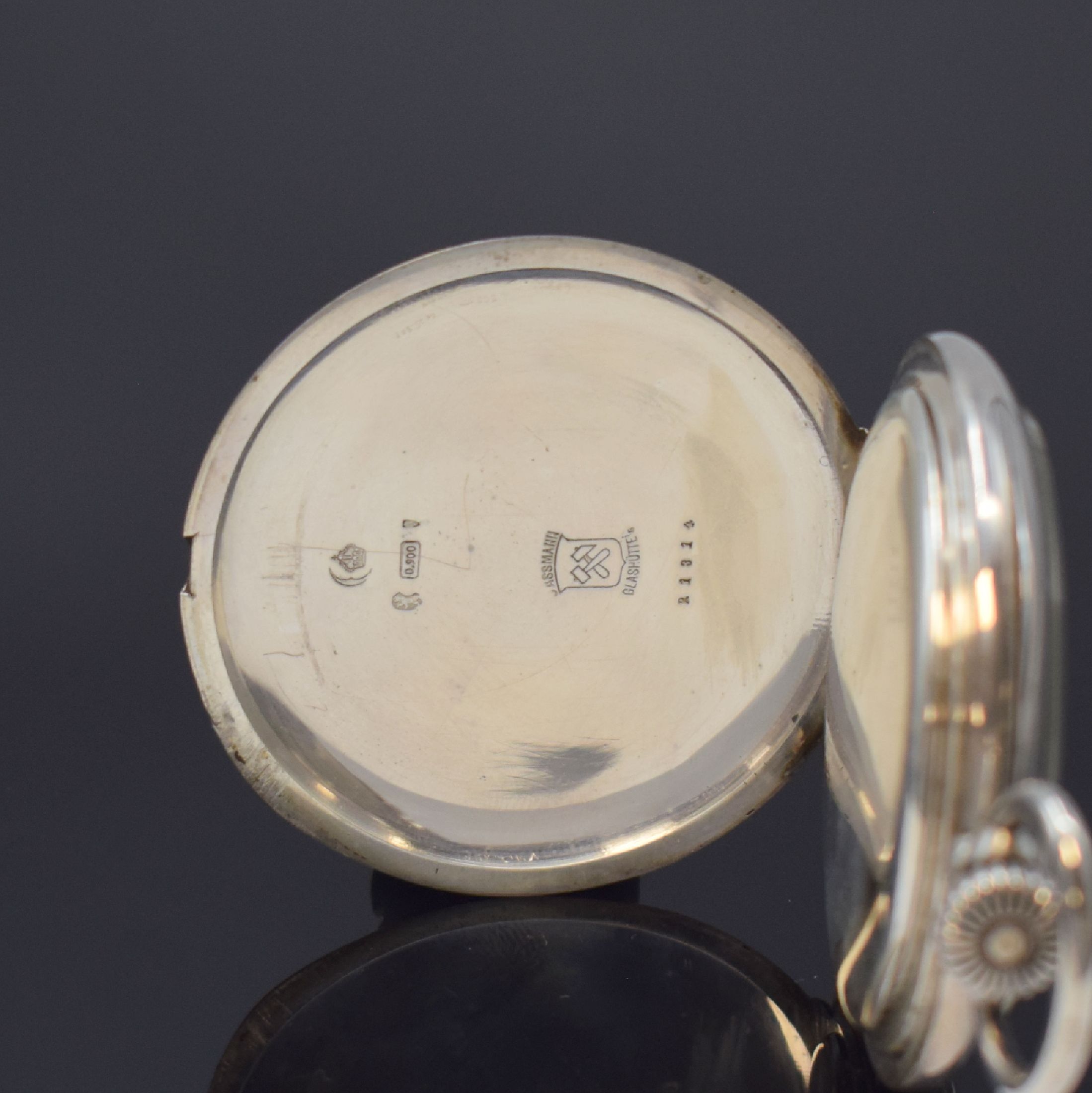 Detail b: J. ASSMANN Glashütte offene Taschenuhr in 900er Silber, Deutschland um 1915, glattes Lucia Silbergehäuse l. dell., 2-teil. ...