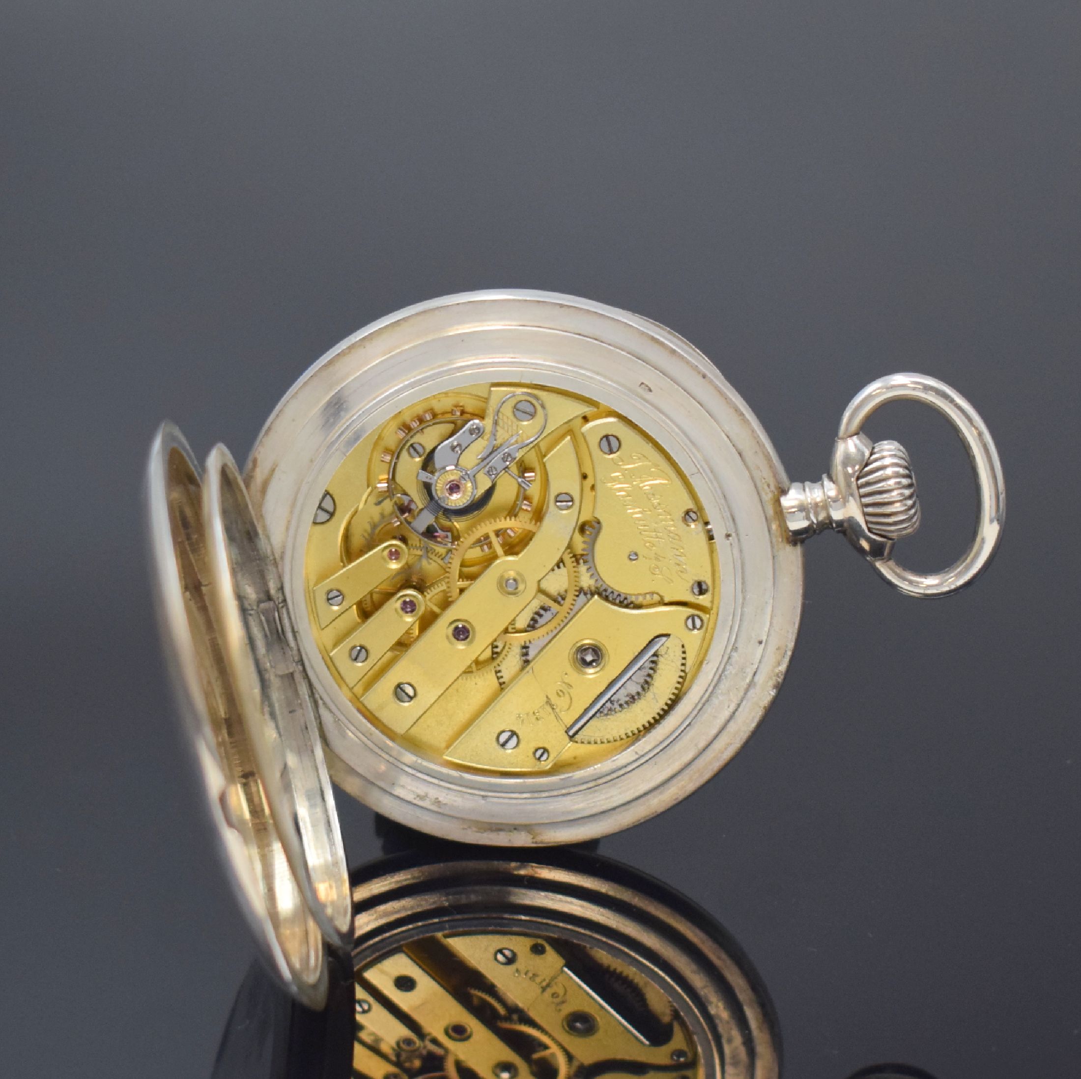Detail e: J. ASSMANN Glashütte offene Taschenuhr in 900er Silber, Deutschland um 1915, glattes Lucia Silbergehäuse l. dell., 2-teil. ...