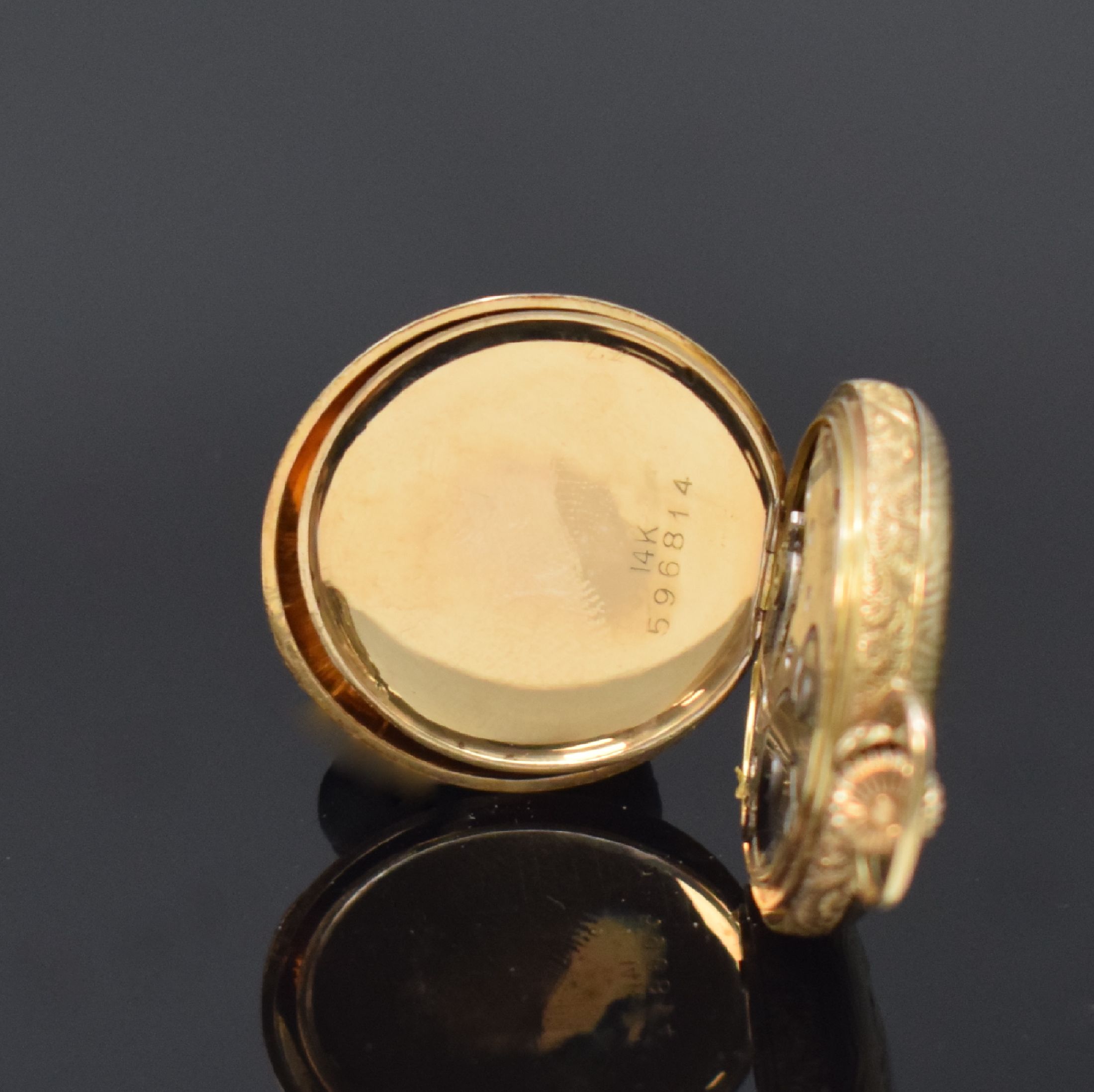 Detail f: IMPERIAL / BUREN WATCH kleine Savonette in GG 585/000, Schweiz um 1920, 3 Deckel-Goldgeh.floral grav., grav. Sprung- u. Rückdeckel (m. Monogramm), ...