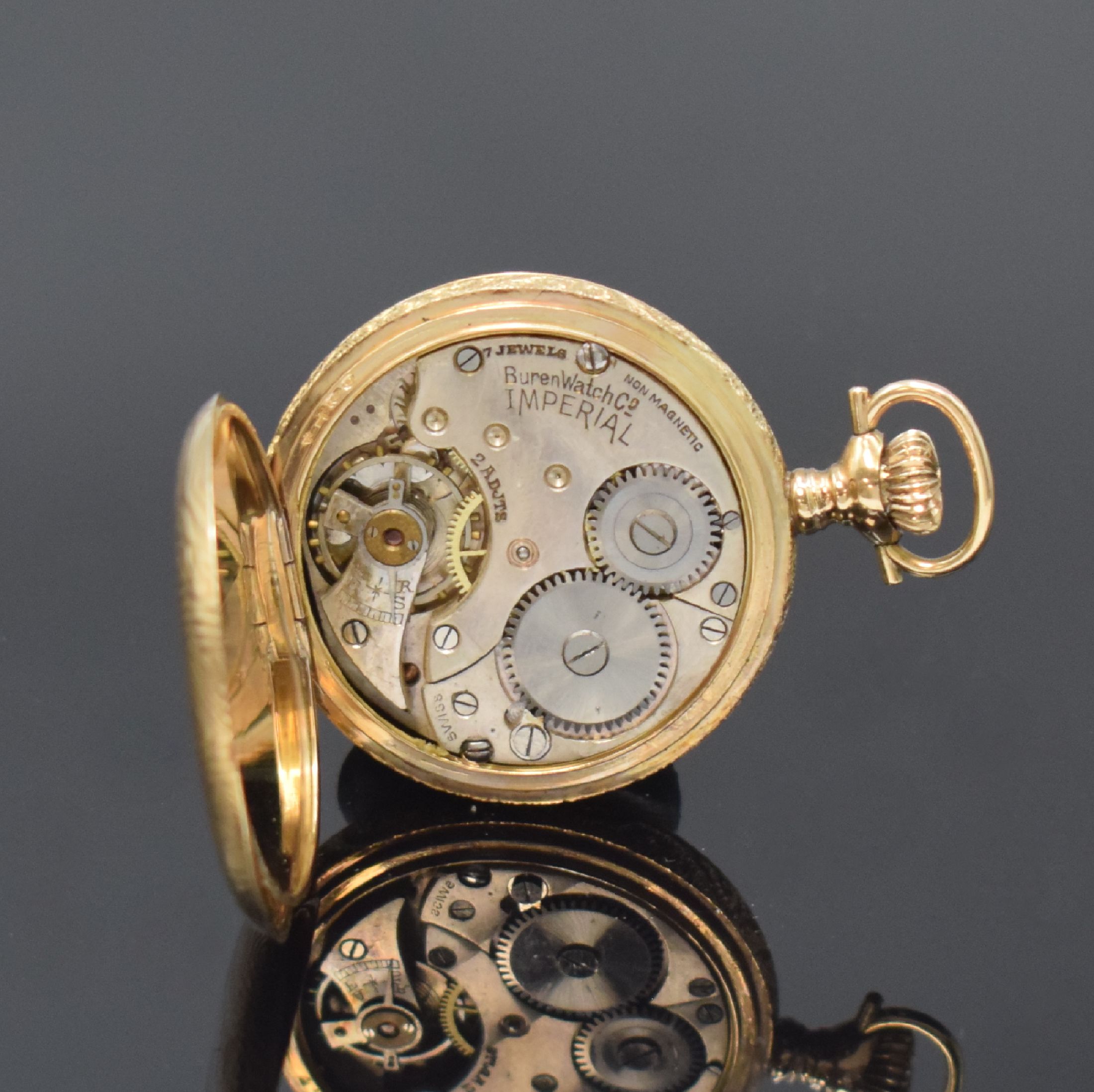 Detail g: IMPERIAL / BUREN WATCH kleine Savonette in GG 585/000, Schweiz um 1920, 3 Deckel-Goldgeh.floral grav., grav. Sprung- u. Rückdeckel (m. Monogramm), ...