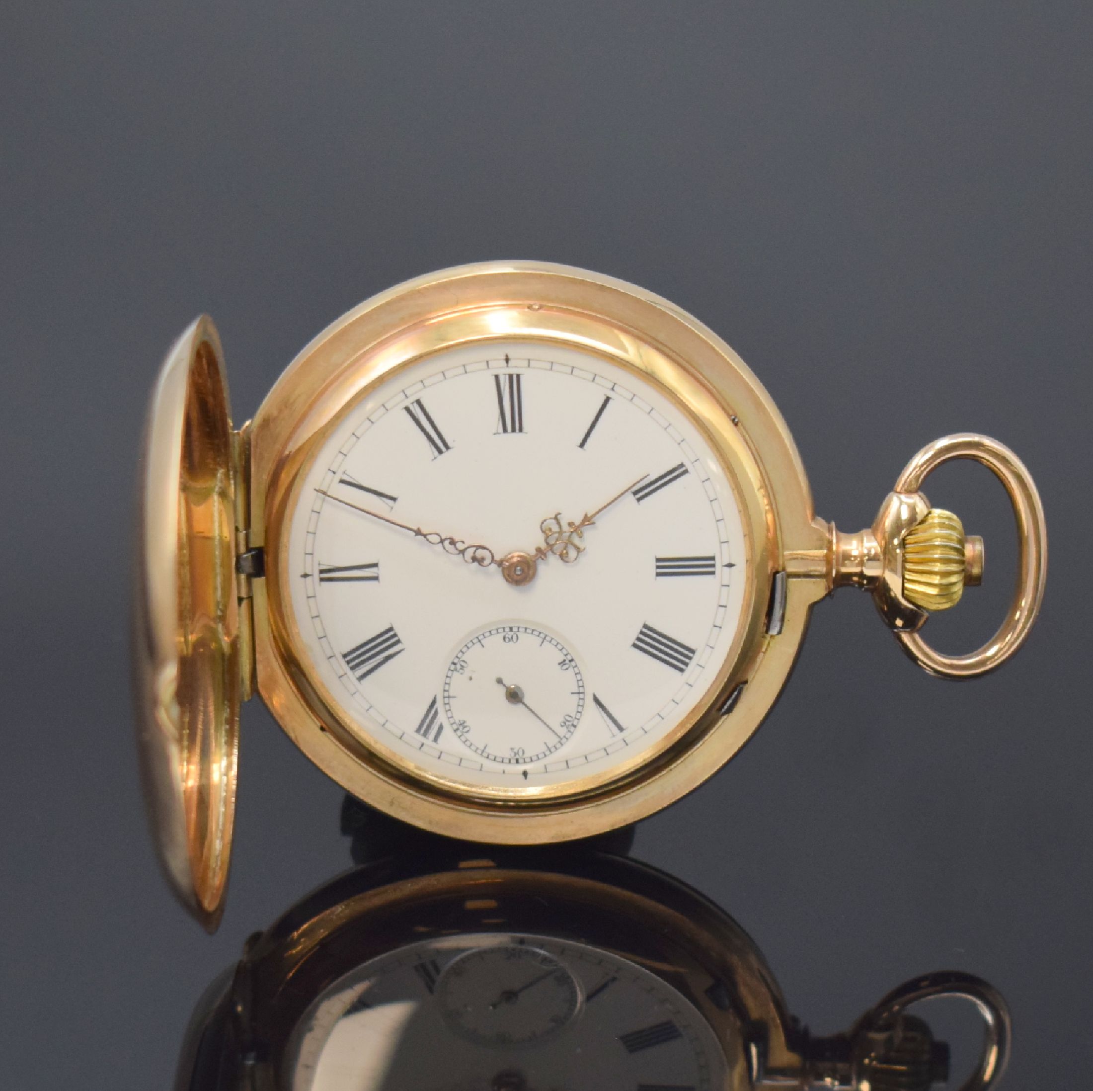 SYSTEME GLASHÜTTE Herrensavonette in RoseG 585/000, Schweiz um 1920, guill. Geh., Goldcuvette, Sprungdeckel m. Monogrammspiegel, Emailzifferbl. m. ...