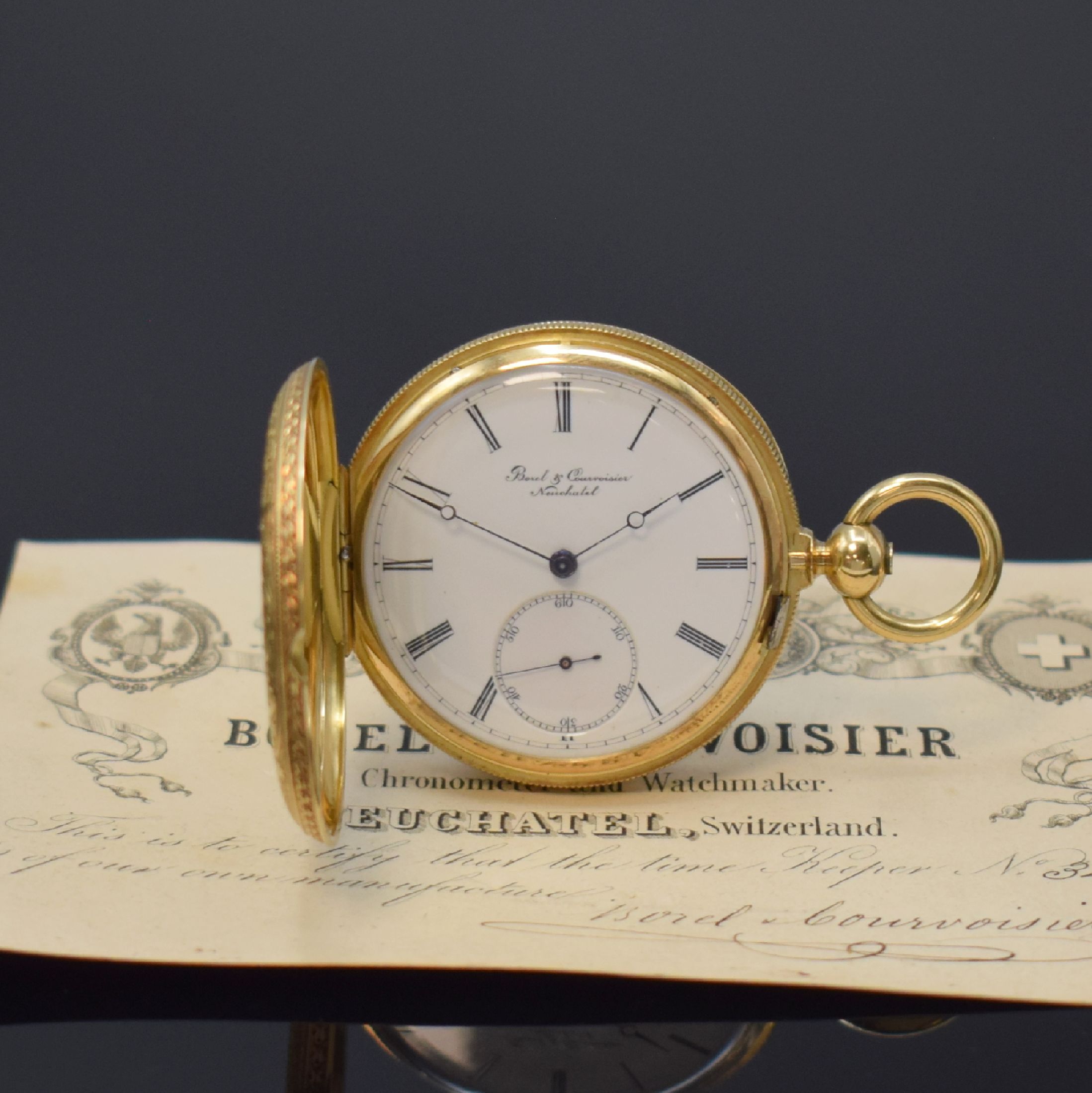 BOREL & COURVOISIER Savonette in GG 750/000, Schweiz um 1880, 3-Deckel Goldgeh. m. geriffeltem Rand, Sprung- u. Rückdeckel floral grav., ...