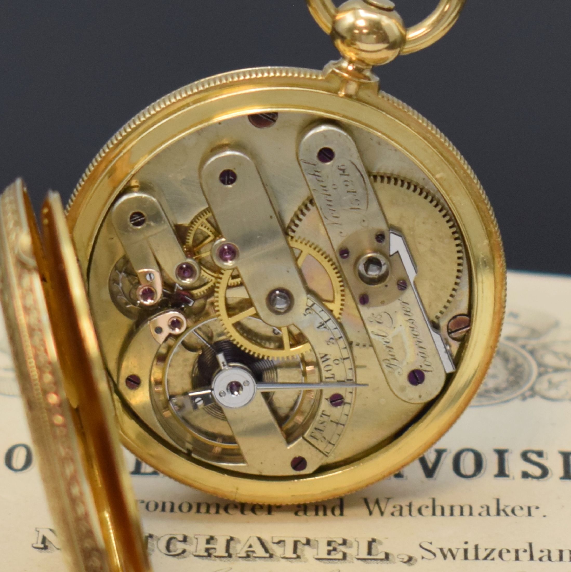 Detail h: BOREL & COURVOISIER Savonette in GG 750/000, Schweiz um 1880, 3-Deckel Goldgeh. m. geriffeltem Rand, Sprung- u. Rückdeckel floral grav., ...