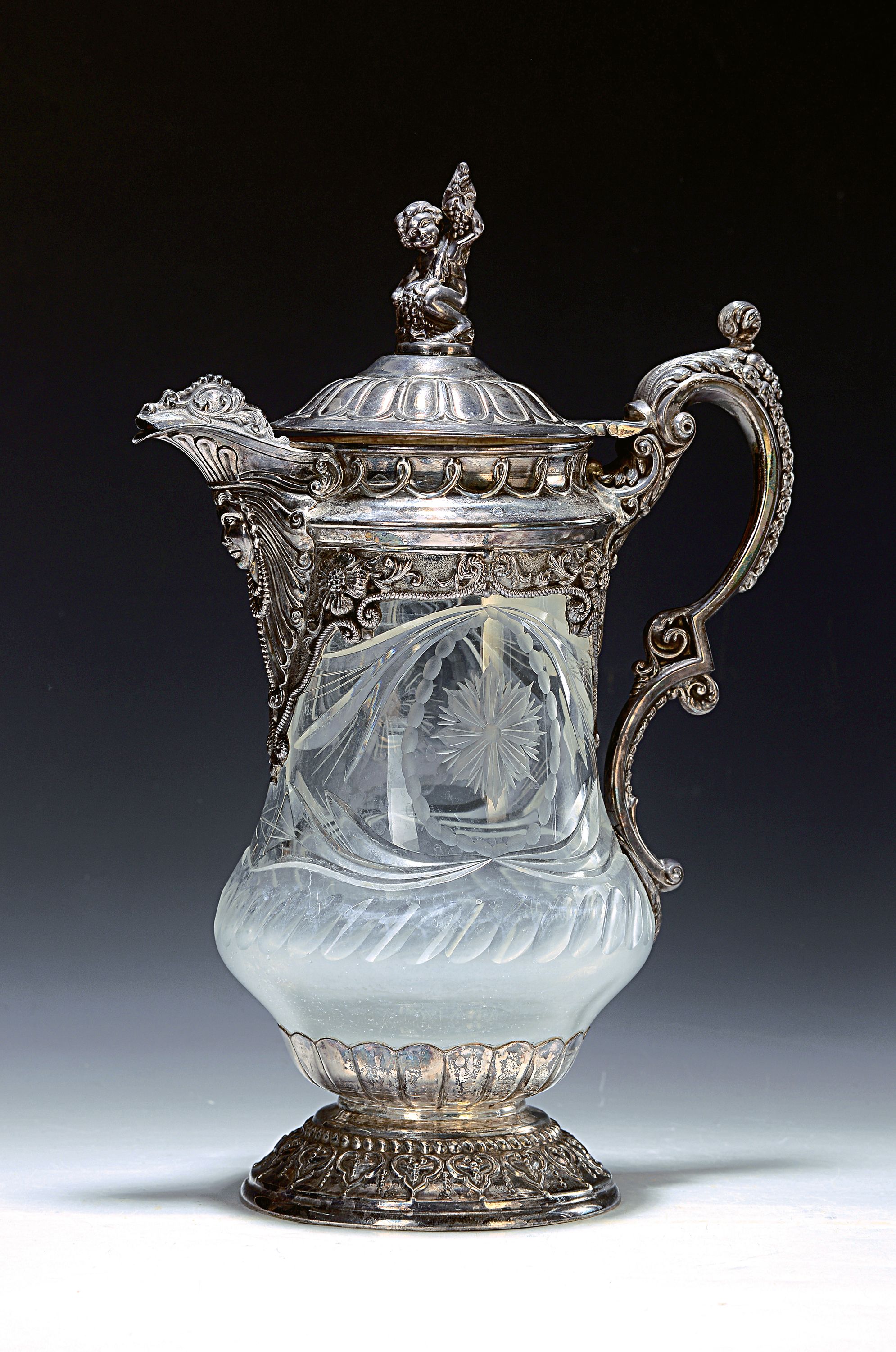 Prunkkanne, Topazio Portugal, mit 925er Silbermontur, Kristallglaskorpus geschliffen und geschnitten, schwere Sterlingsilber- Montur im ...