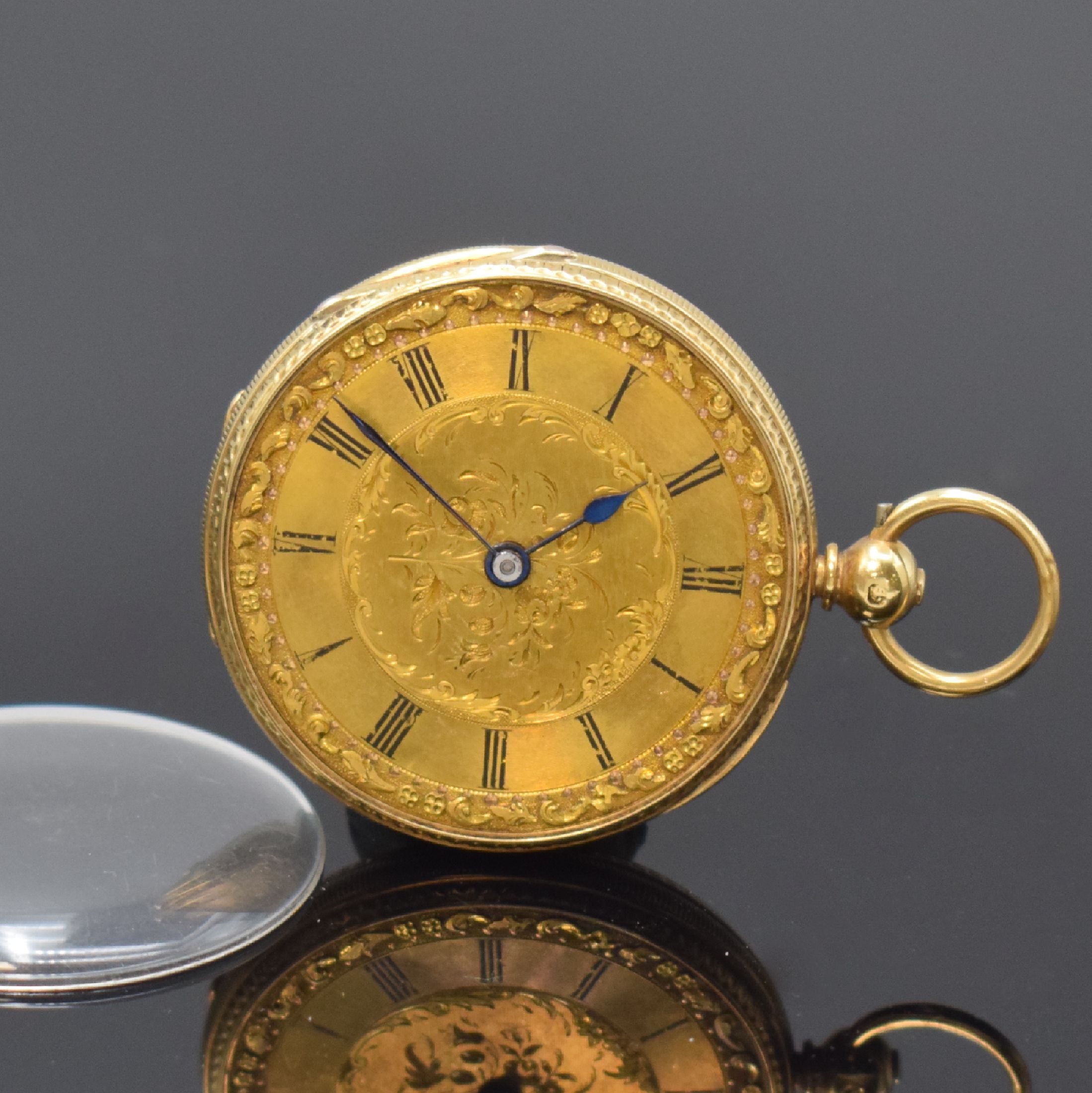 F.H. GOULDING kleine Taschenuhr in GG 750/000, Schweiz um 1870, Geh. m. Münzrand, rücks. floral grav., Metallzifferbl. teils floral grav., röm. ...