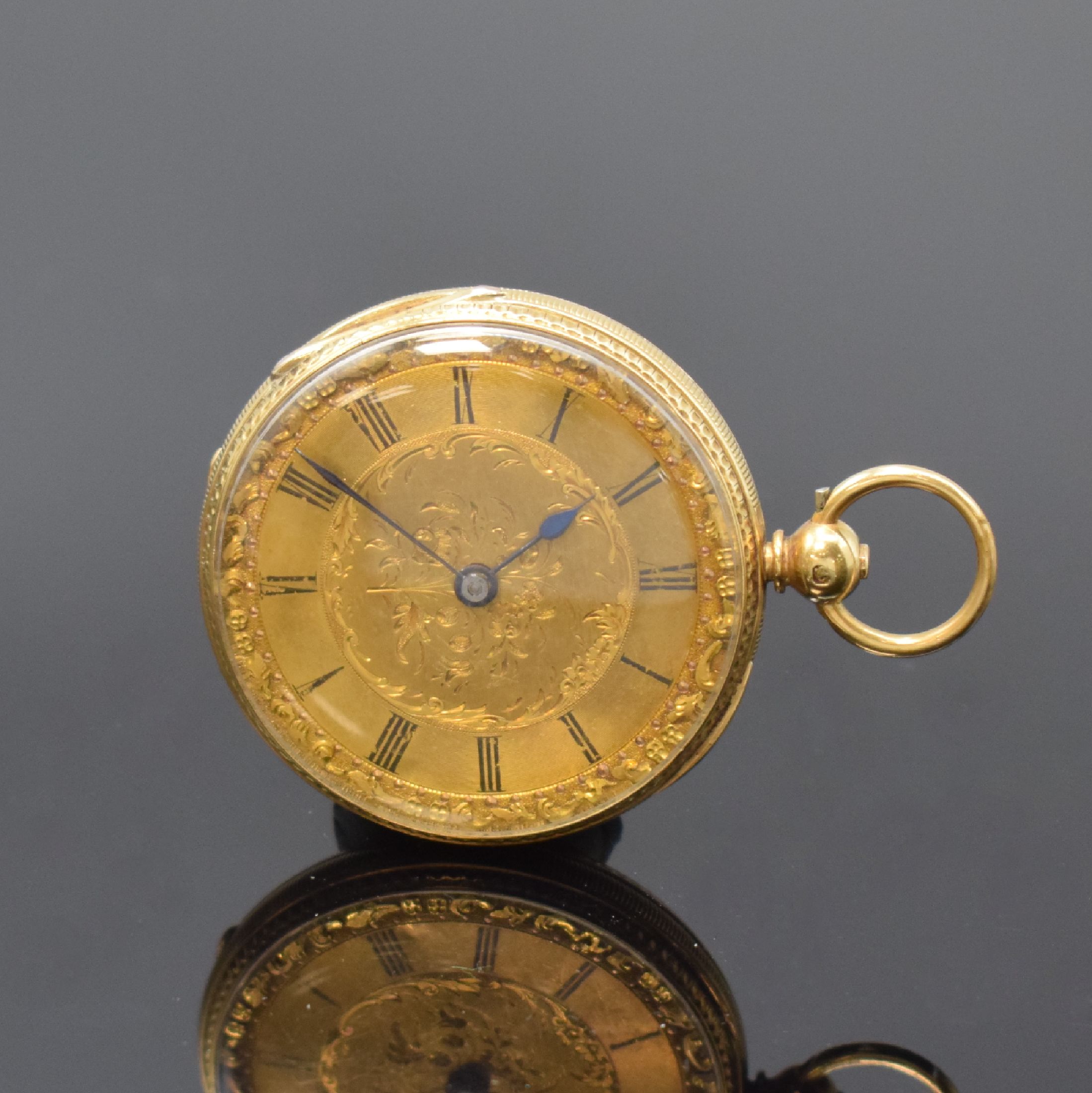 Detail a: F.H. GOULDING kleine Taschenuhr in GG 750/000, Schweiz um 1870, Geh. m. Münzrand, rücks. floral grav., Metallzifferbl. teils floral grav., röm. ...