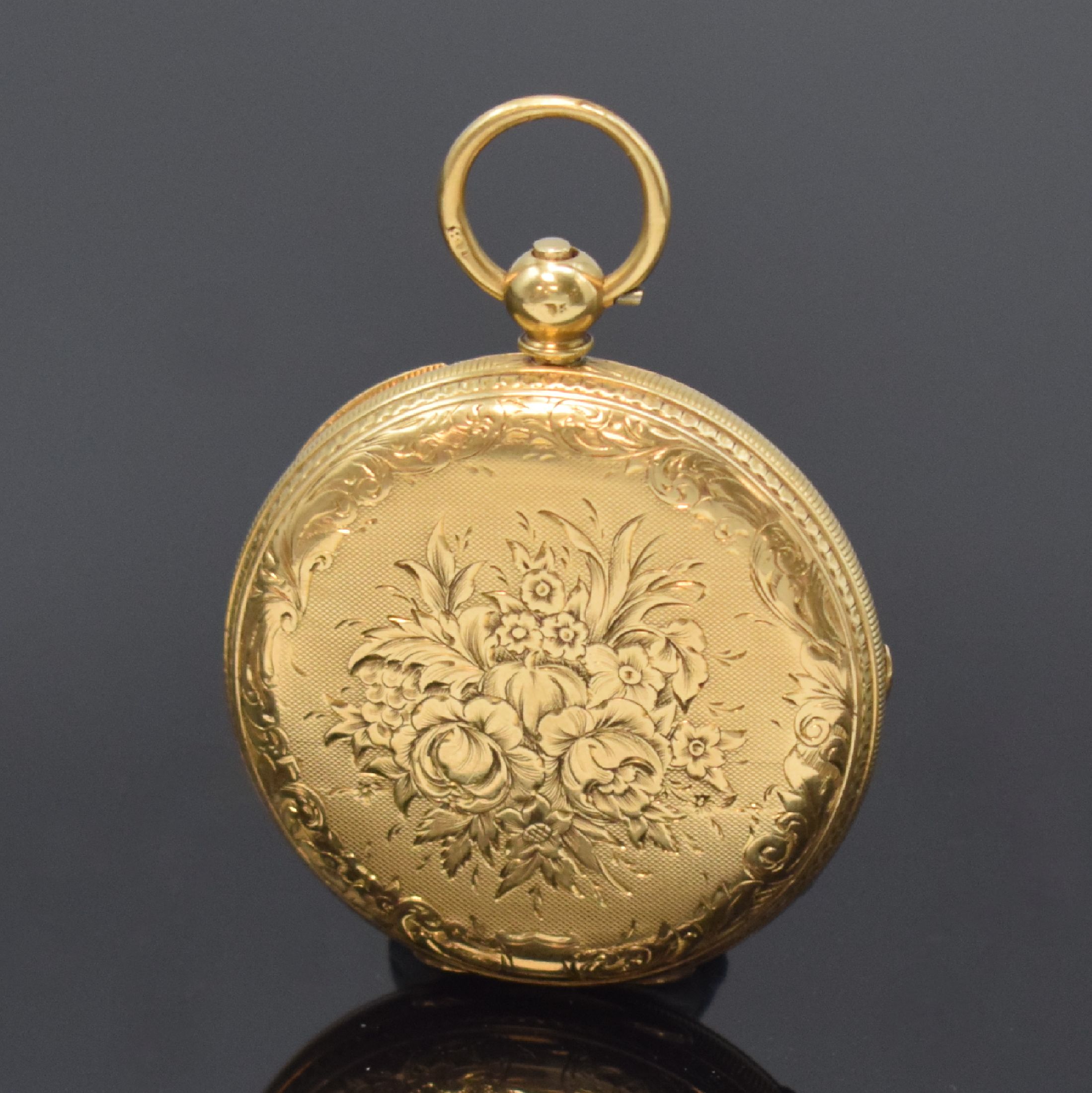 Detail b: F.H. GOULDING kleine Taschenuhr in GG 750/000, Schweiz um 1870, Geh. m. Münzrand, rücks. floral grav., Metallzifferbl. teils floral grav., röm. ...