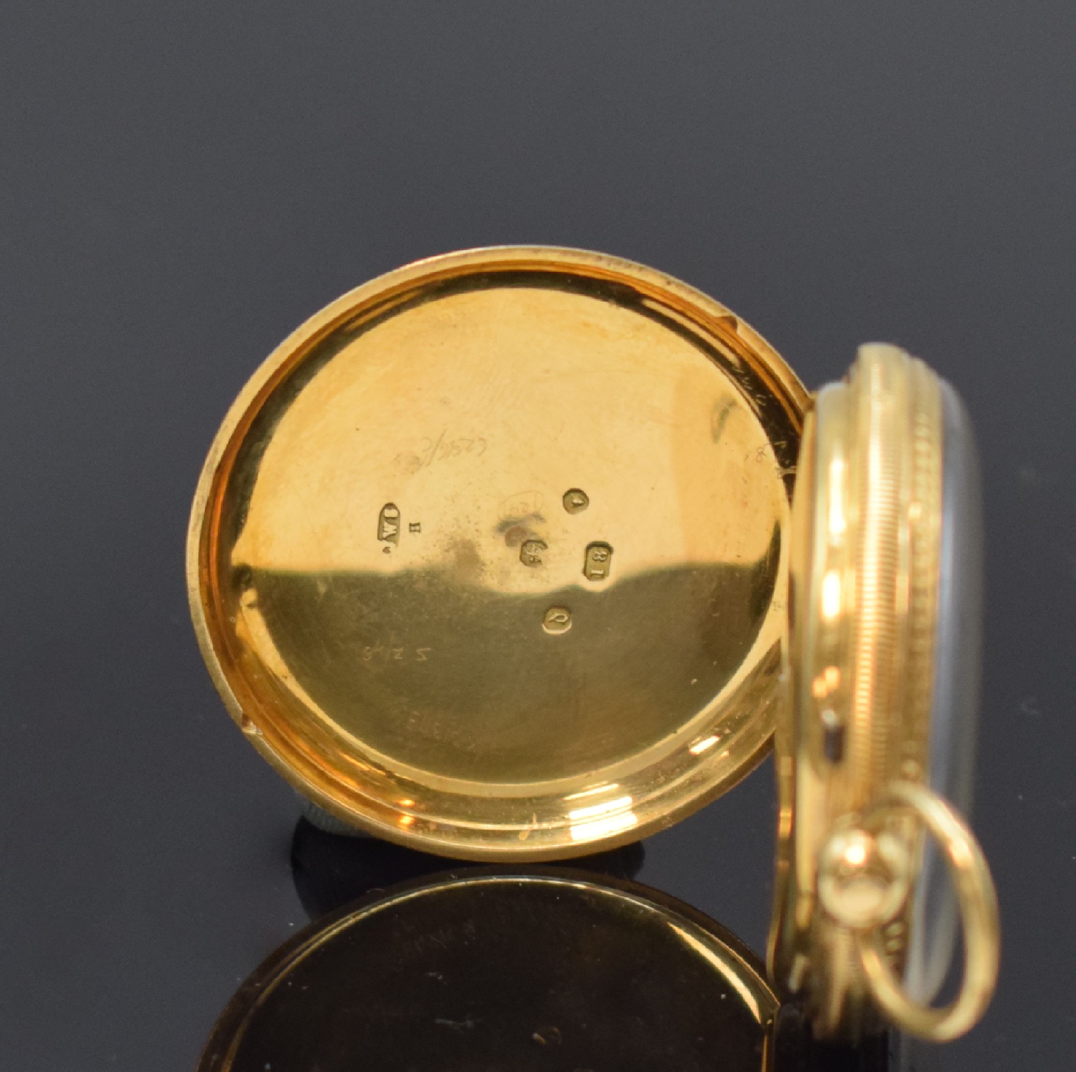 Detail c: F.H. GOULDING kleine Taschenuhr in GG 750/000, Schweiz um 1870, Geh. m. Münzrand, rücks. floral grav., Metallzifferbl. teils floral grav., röm. ...