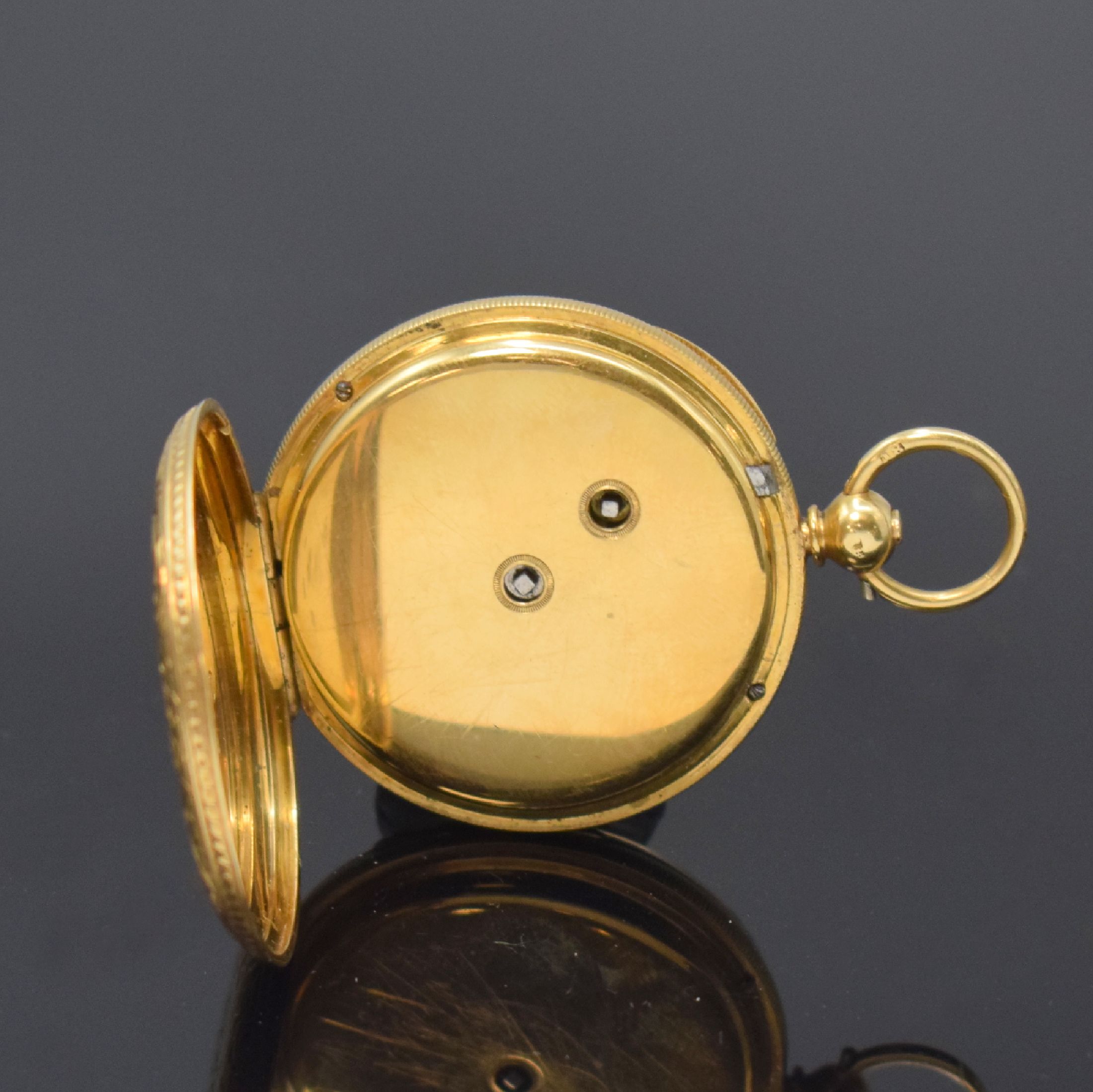Detail d: F.H. GOULDING kleine Taschenuhr in GG 750/000, Schweiz um 1870, Geh. m. Münzrand, rücks. floral grav., Metallzifferbl. teils floral grav., röm. ...