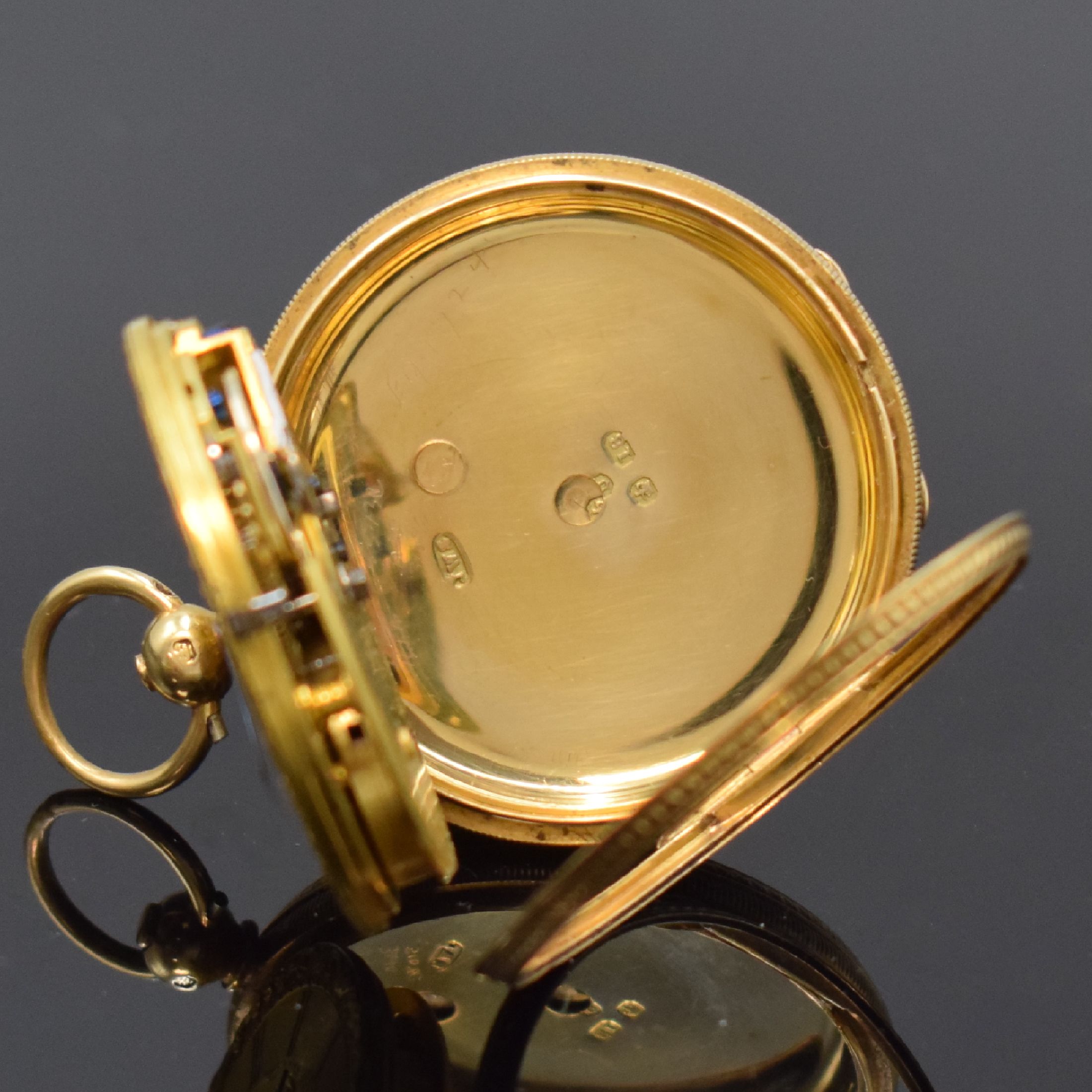 Detail e: F.H. GOULDING kleine Taschenuhr in GG 750/000, Schweiz um 1870, Geh. m. Münzrand, rücks. floral grav., Metallzifferbl. teils floral grav., röm. ...