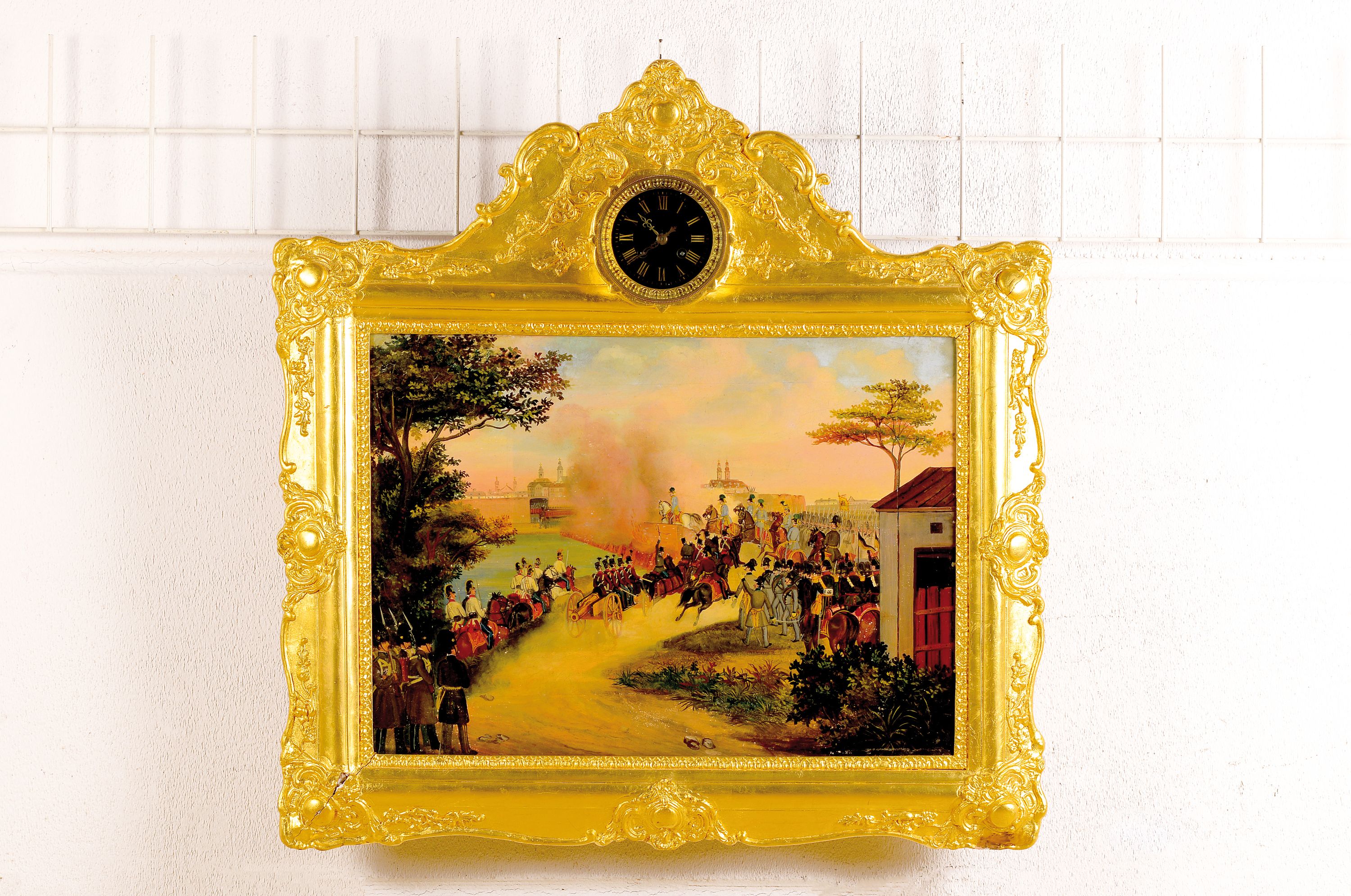 Bilderuhr mit Musikspielwerk, Wien 1850, Holzrahmen gestuckt, sekundär bronziert, oben mit eingebautem Werk, Glasdeckel, schwarzes Emailzifferblatt, ...