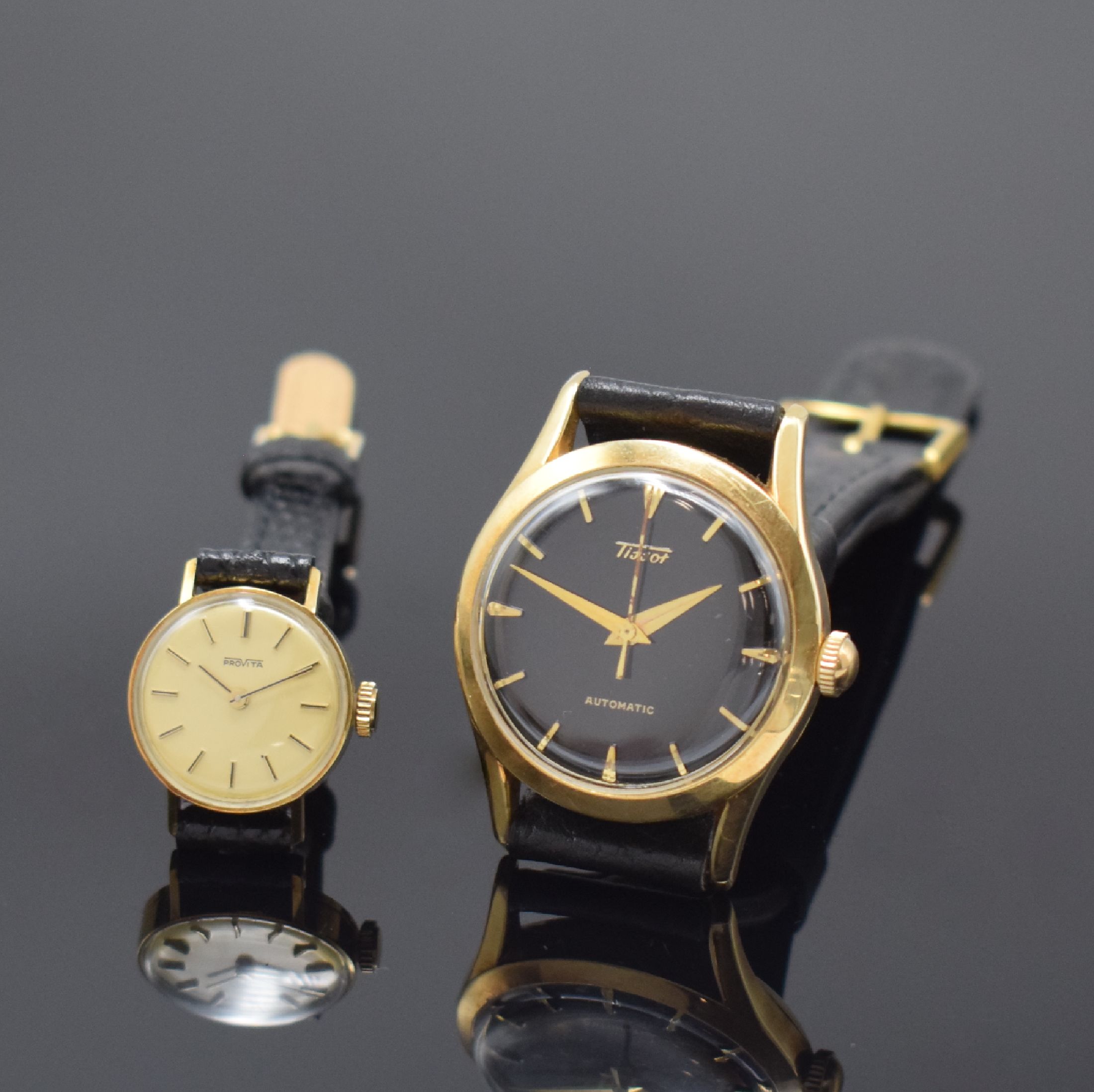 TISSOT und PROVITA 2 Armbanduhren in GG 585/000, Schweiz um 1960/1970, Automatik/Handaufzug, beide in GG 585/000, Böden aufgedr., 1) Tissot, ...
