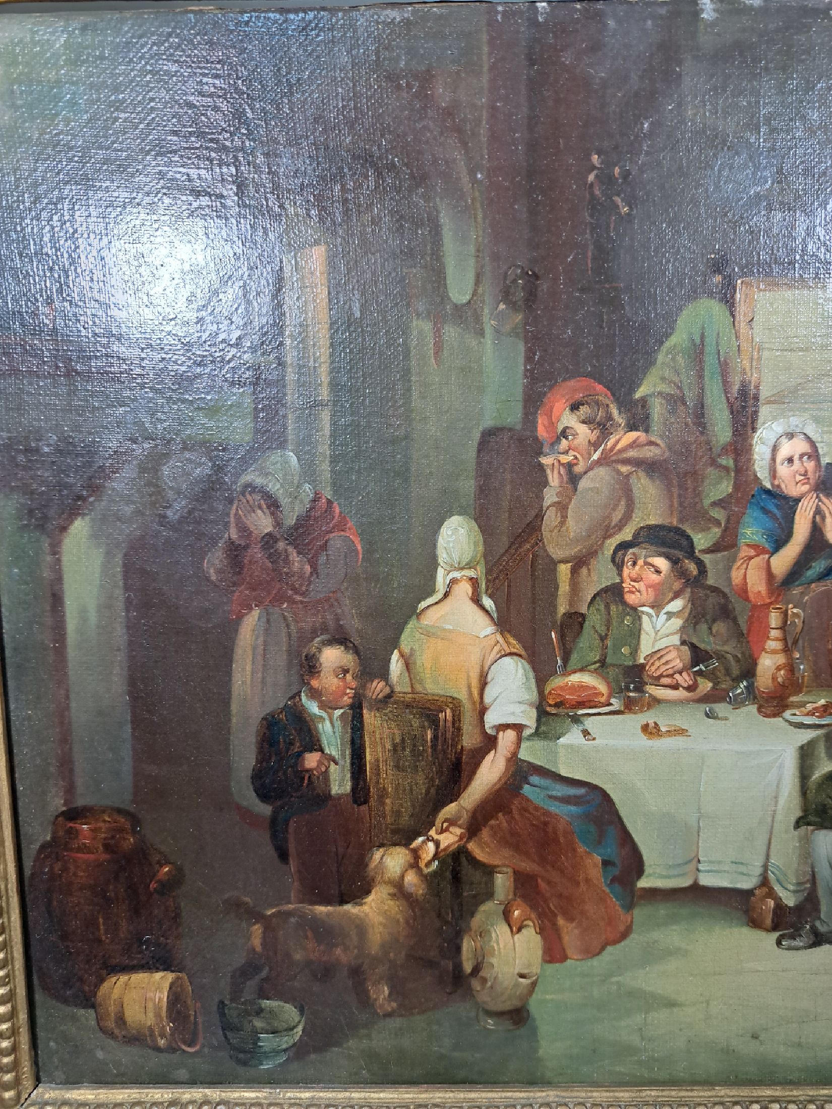 Detail c: Unbekannter Künstler des 19. Jh., vielfigurige Wirtshausszene mit teils karikierenden Darstellungen, Öl/Lwd, rest., doubl., ca. 33x45cm, R. ca. ...