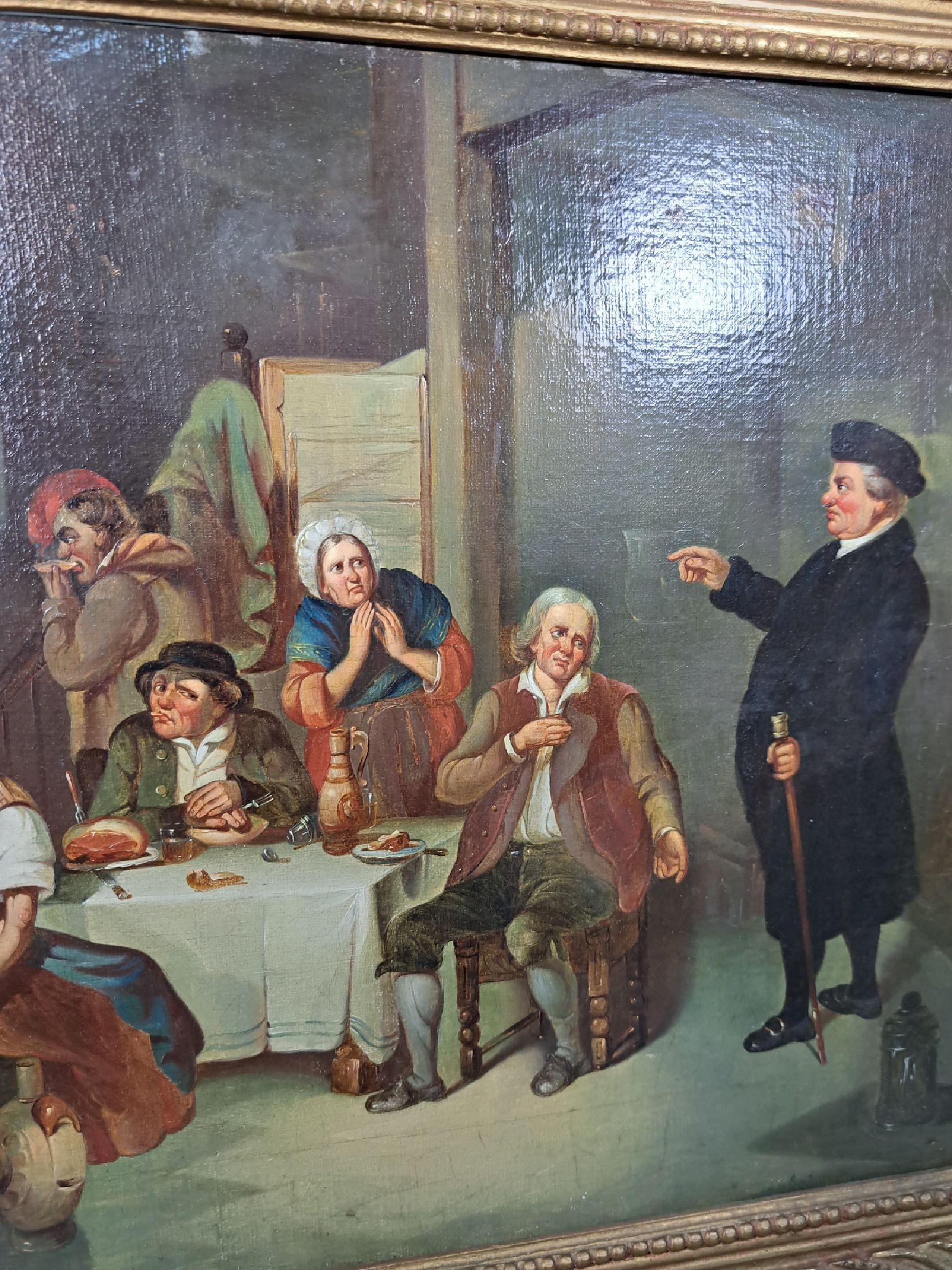 Detail d: Unbekannter Künstler des 19. Jh., vielfigurige Wirtshausszene mit teils karikierenden Darstellungen, Öl/Lwd, rest., doubl., ca. 33x45cm, R. ca. ...