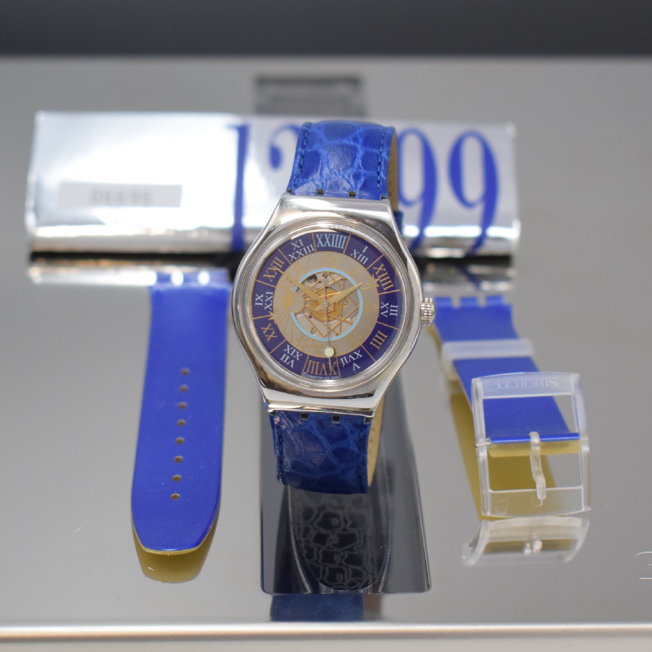 SWATCH Tresor Magique limitierte Armbanduhr in Platin, Schweiz um 1993, Automatik, beids. vergl. Geh., orig. Lederband m. orig. Schließe, blaues, ...