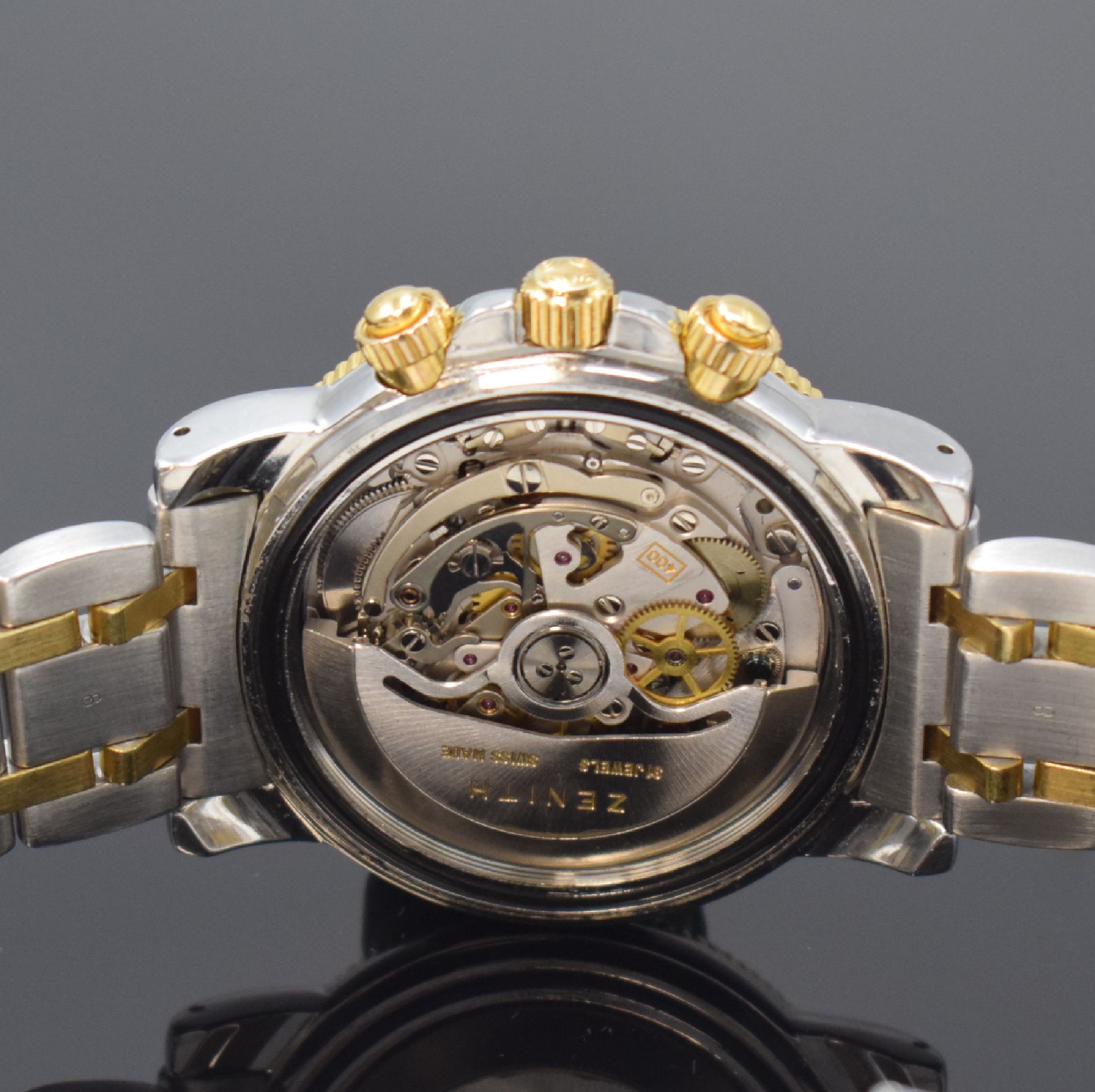 Detail e: ZENITH Armbandchronograph El Primero Rainbow Referenz 53-0370-400, Schweiz um 1995, Automatik, Edelstahl/Gold komb. inkl. orig. Gliederband m. dopp. ...