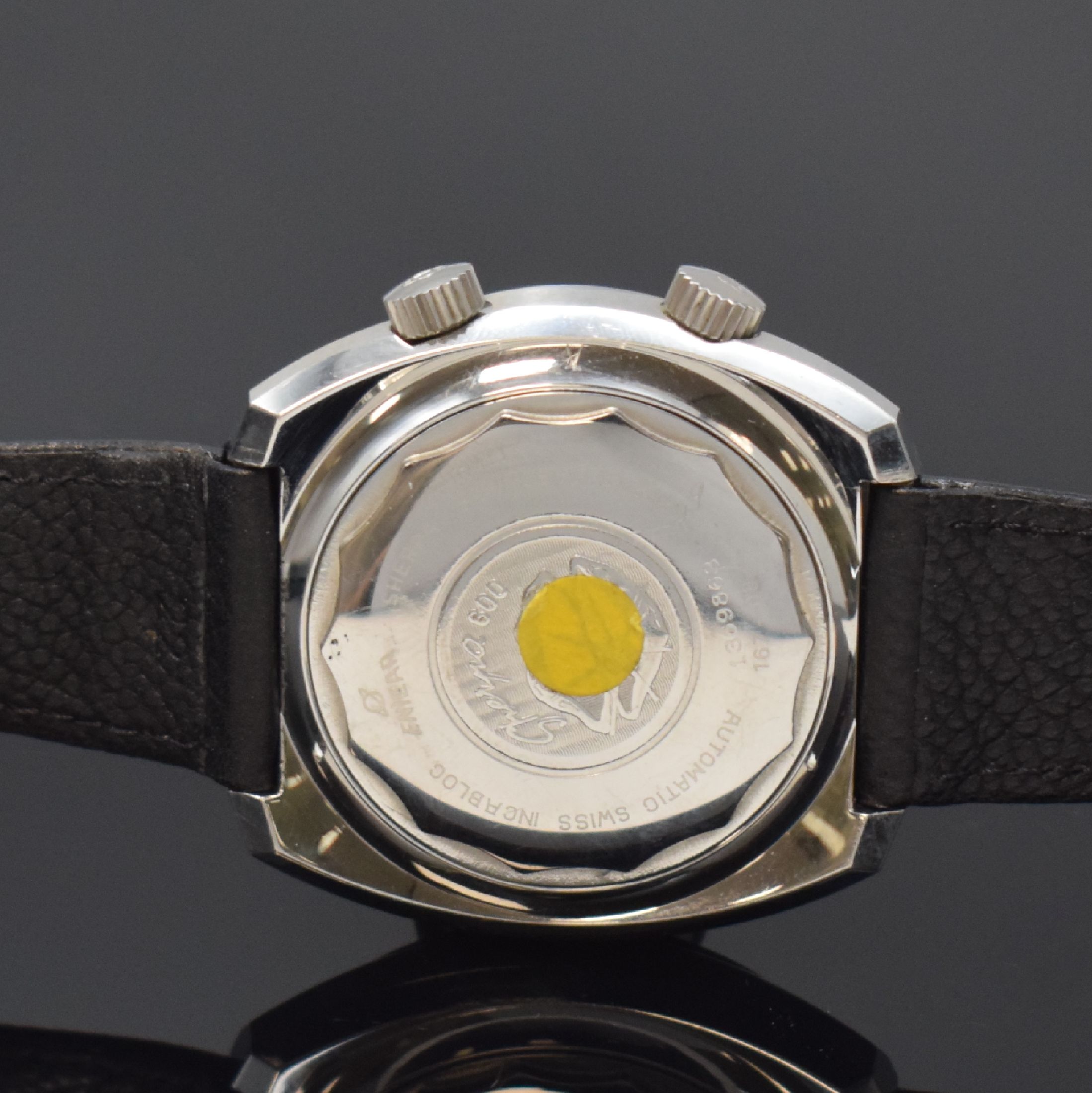 Detail c: ENICAR Sherpa 600 Super Dive Herrenarmbanduhr in Stahl, Schweiz um 1970, Automatik, Boden m. Bajonette-Verschl., dunkelgraues Zifferbl. m. aufges. ...