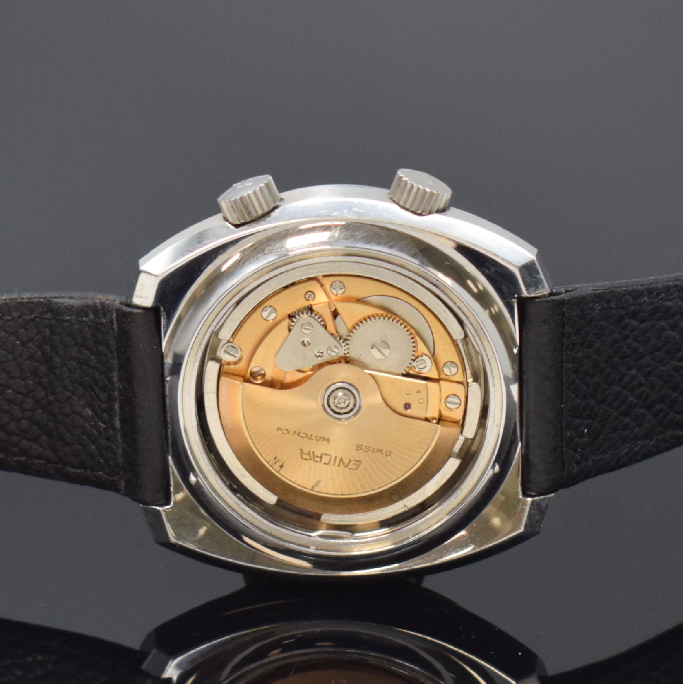 Detail d: ENICAR Sherpa 600 Super Dive Herrenarmbanduhr in Stahl, Schweiz um 1970, Automatik, Boden m. Bajonette-Verschl., dunkelgraues Zifferbl. m. aufges. ...