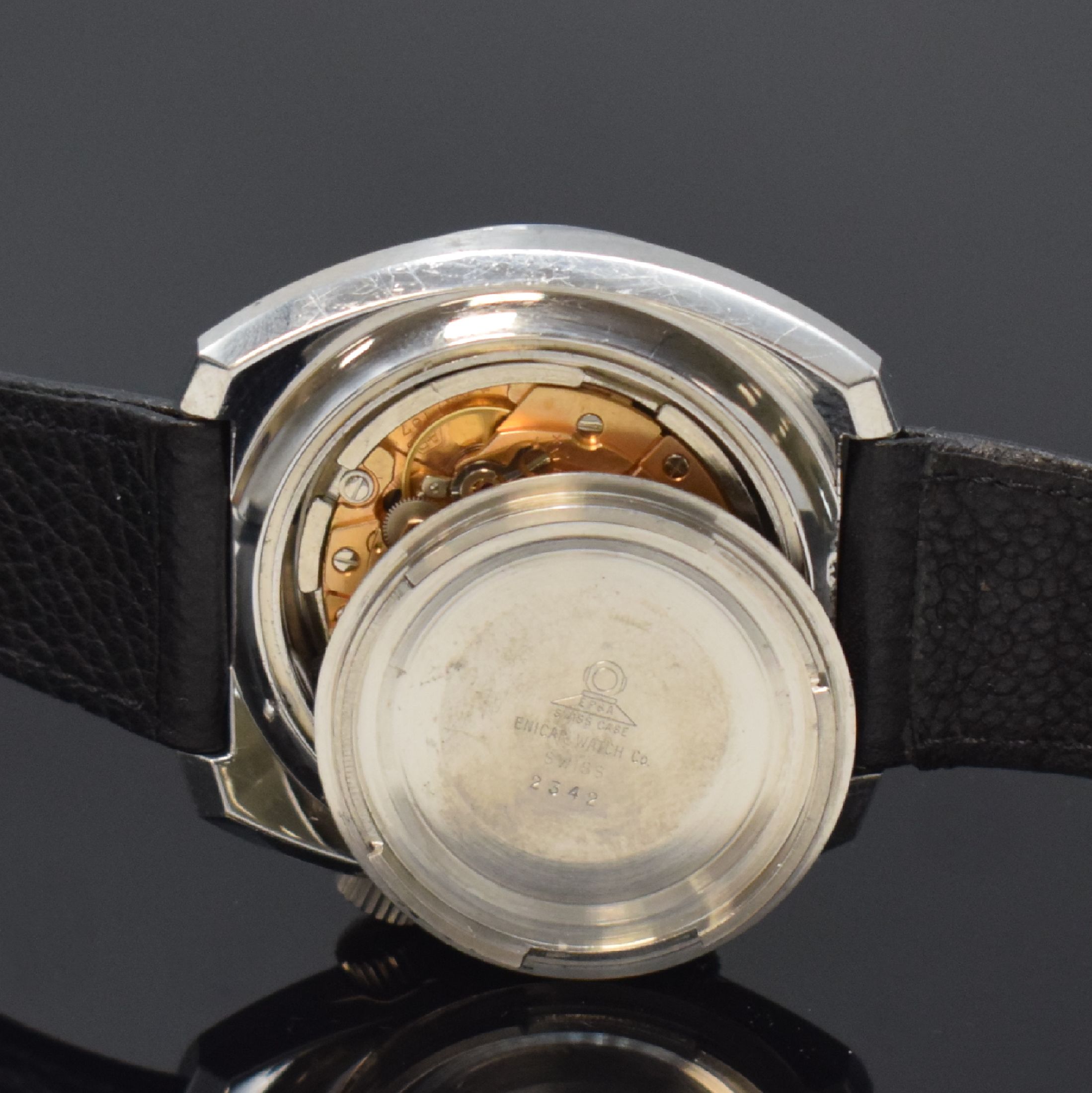 Detail f: ENICAR Sherpa 600 Super Dive Herrenarmbanduhr in Stahl, Schweiz um 1970, Automatik, Boden m. Bajonette-Verschl., dunkelgraues Zifferbl. m. aufges. ...