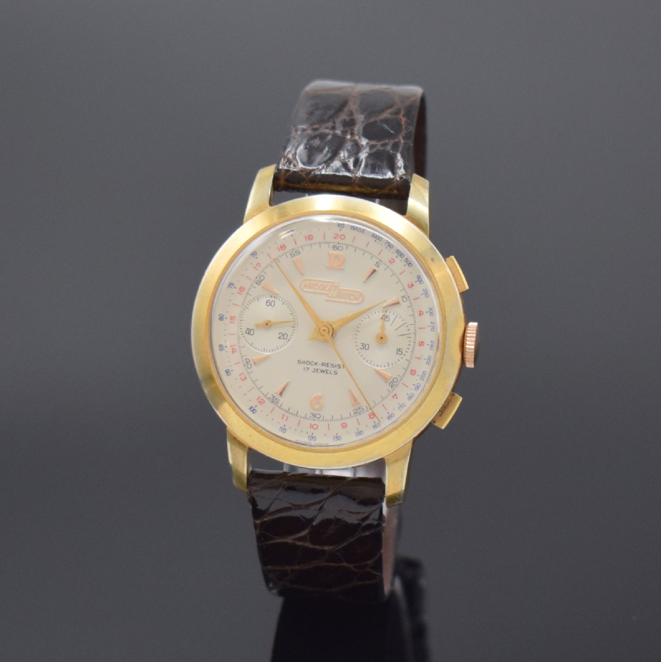 NICOLET WATCH Herrenchronograph, Schweiz um 1960, Handaufzug, verg. Gehäuse, Stahlboden aufgedr., silb. Zifferbl. m. aufges. Std.- Ind., gold. ...