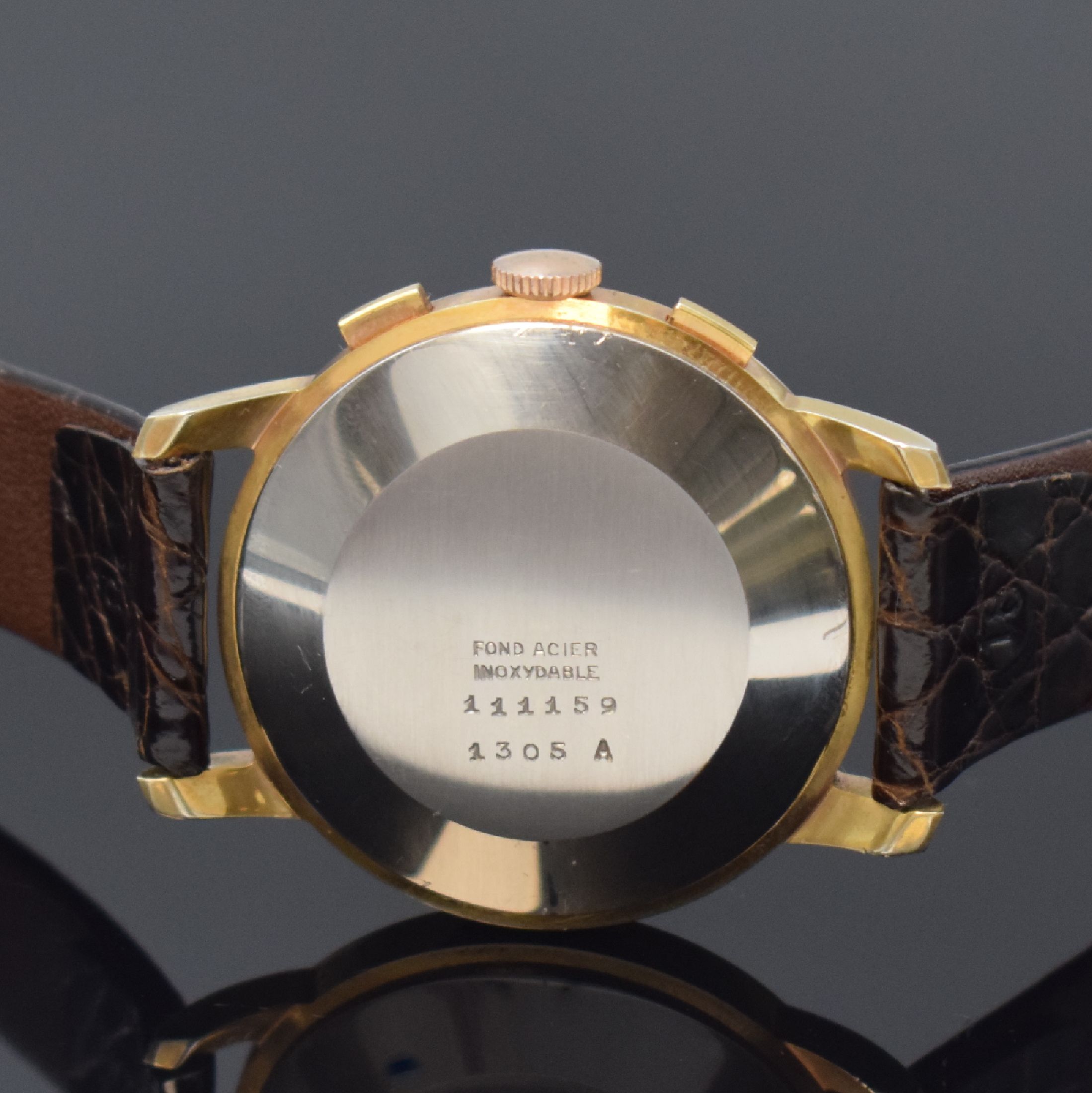 Detail c: NICOLET WATCH Herrenchronograph, Schweiz um 1960, Handaufzug, verg. Gehäuse, Stahlboden aufgedr., silb. Zifferbl. m. aufges. Std.- Ind., gold. ...