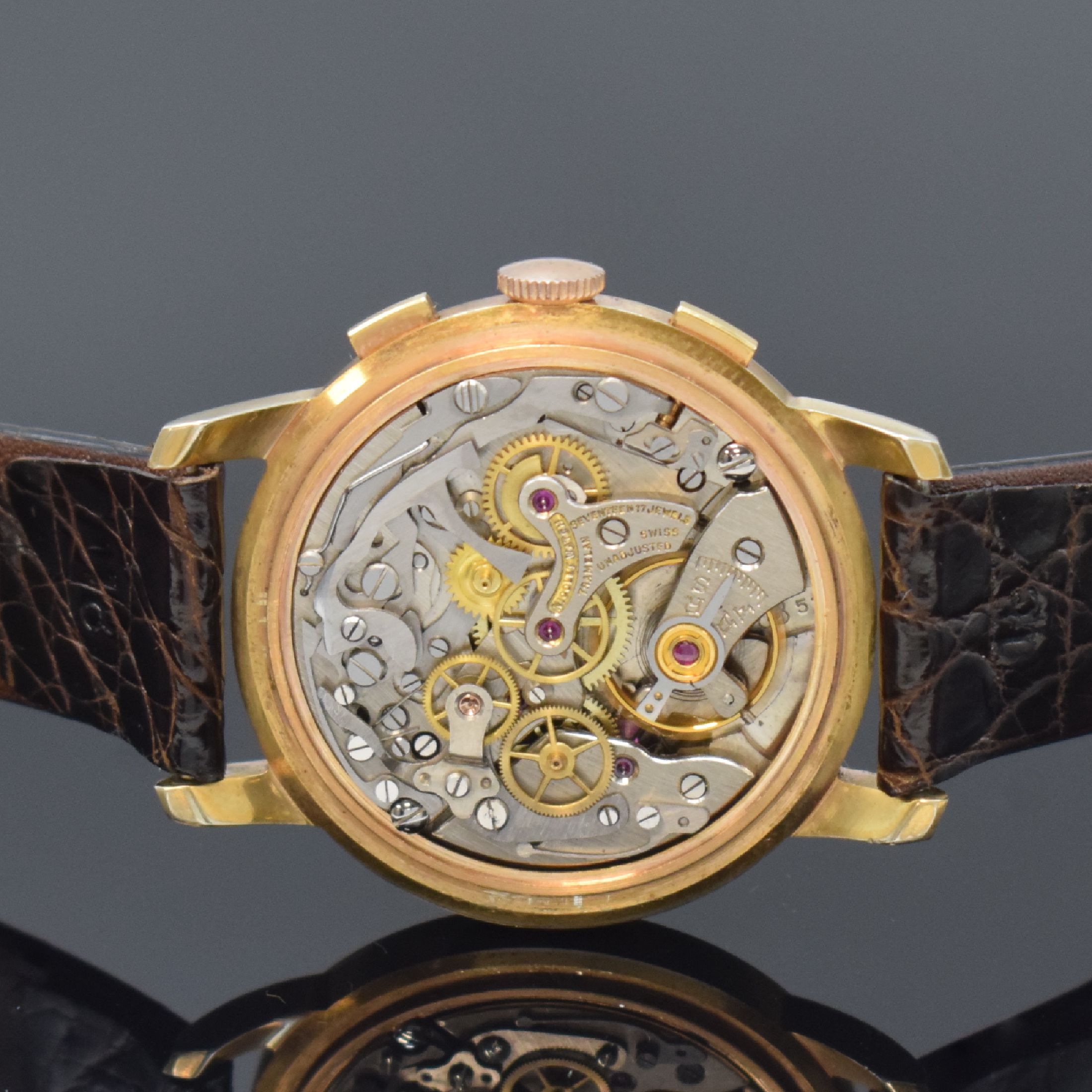 Detail d: NICOLET WATCH Herrenchronograph, Schweiz um 1960, Handaufzug, verg. Gehäuse, Stahlboden aufgedr., silb. Zifferbl. m. aufges. Std.- Ind., gold. ...