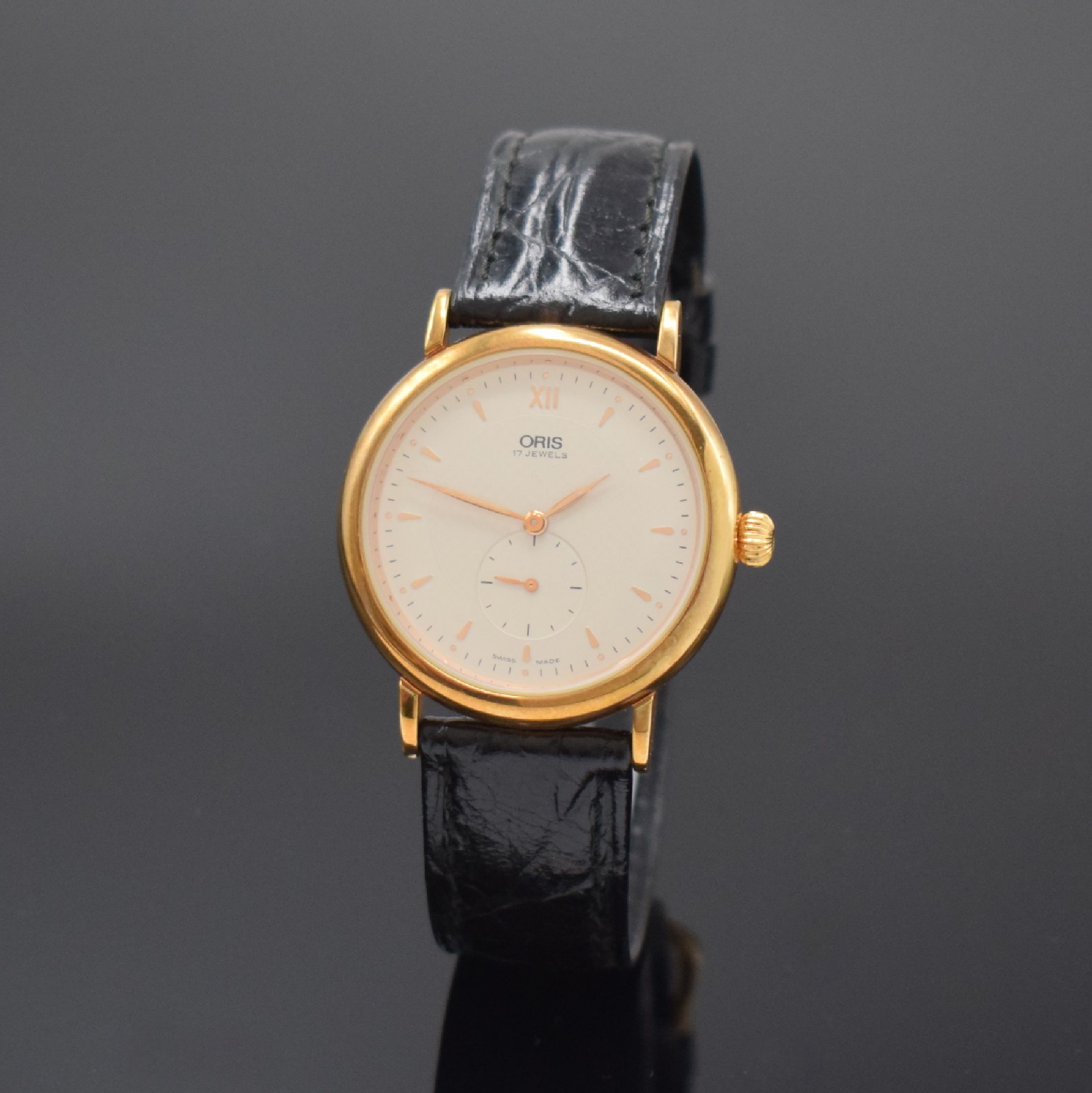 ORIS Classic Herrenarmbanduhr Referenz 7423,Schweiz um 2000, Handaufzug, verg. Geh., Edelstahlboden aufgedr., orig. Lederband m. verg. Dornschl., ...