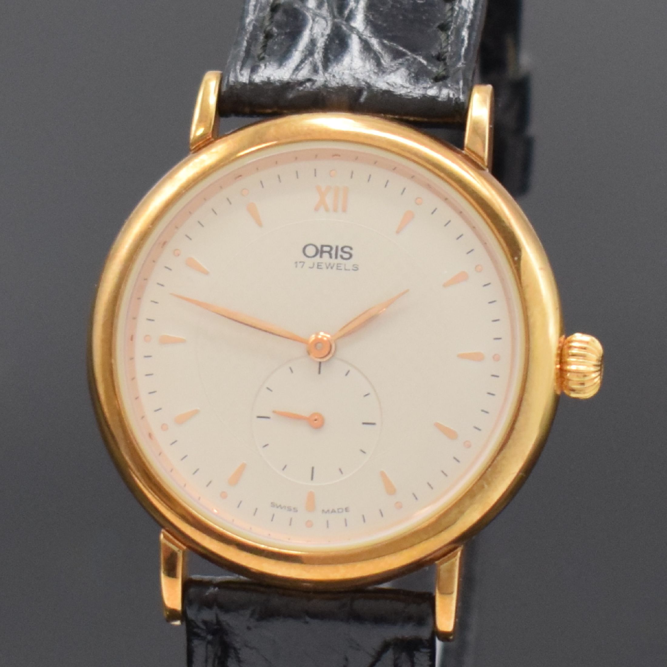 Detail a: ORIS Classic Herrenarmbanduhr Referenz 7423,Schweiz um 2000, Handaufzug, verg. Geh., Edelstahlboden aufgedr., orig. Lederband m. verg. Dornschl., ...