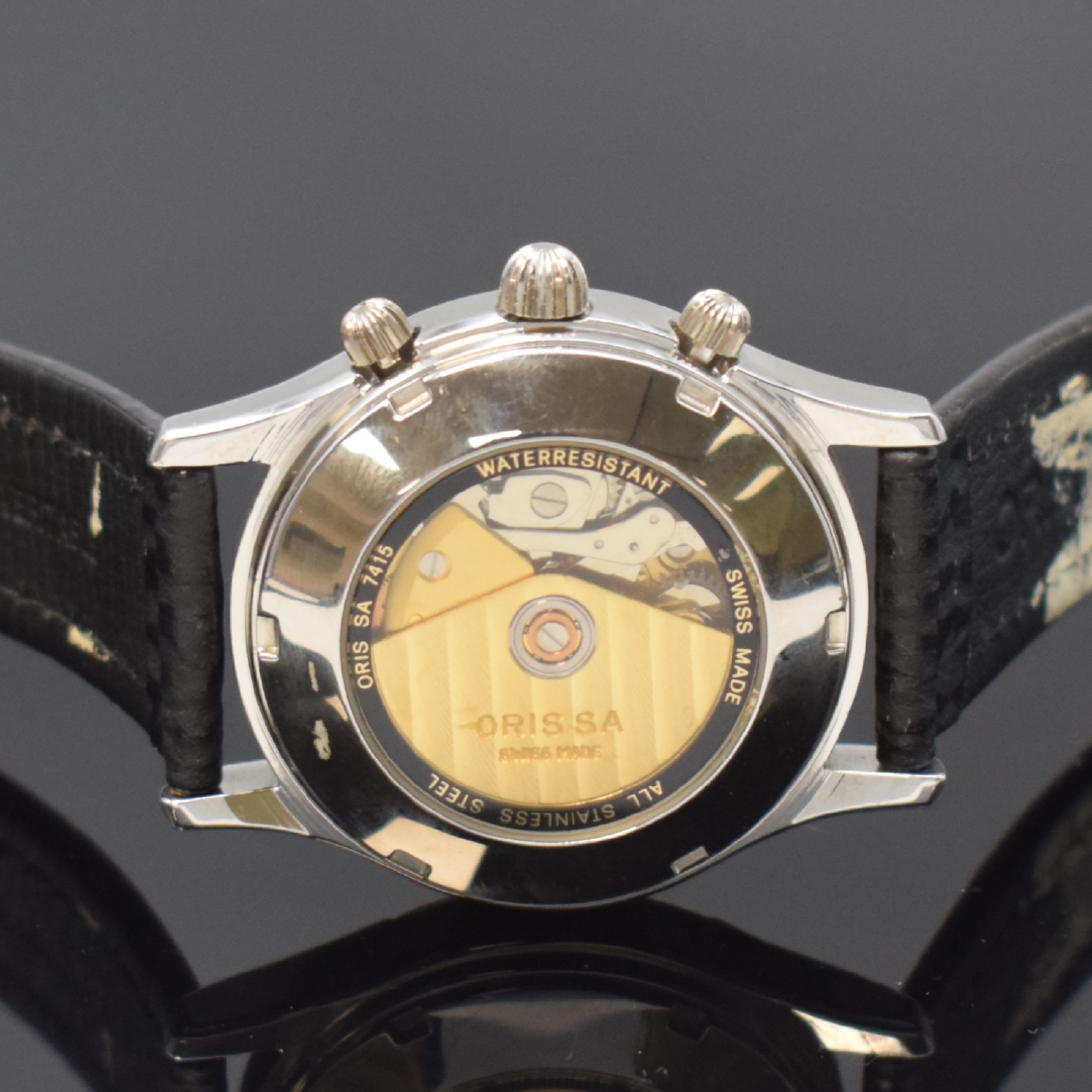Detail d: ORIS Armbandchronograph in Stahl Referenz 7415,, Schweiz um 1995, beids. vergl. Geh., Boden verschr., orig. Lederband m. Dornschl., schwarzes ...