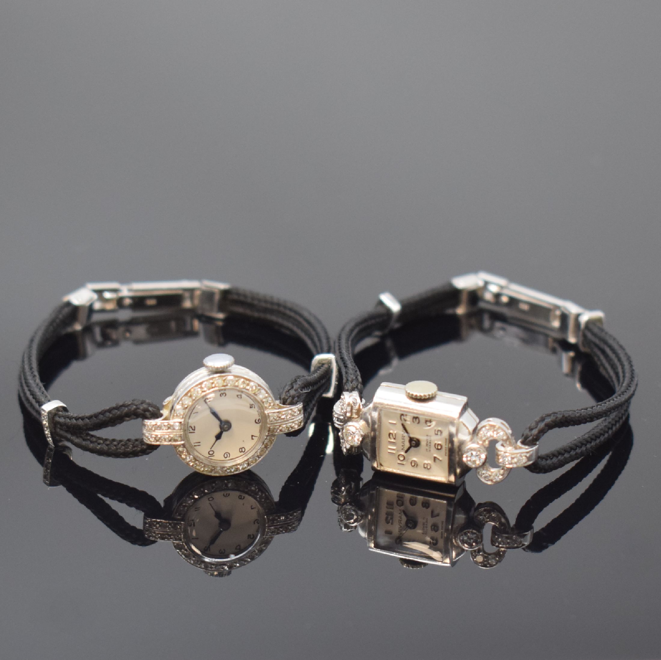 MARVIN und eine weitere Diamantbesetzte Art- Deco Damenuhr in Platin, Schweiz um 1930, Handaufzug, beide m. Stoffband und WG Schließe 585/000, 1.) ...