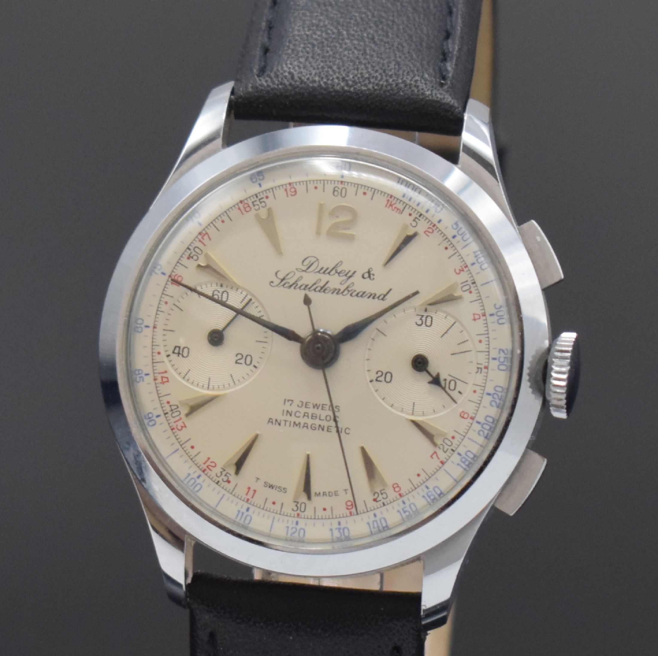 Detail a: DUBEY & SCHALDENBRAND verchromter Herrenchronograph, Schweiz um 1980, Handaufzug, Stahlboden gedr., silb. Zifferblatt m. silb. Std.-Ind., gebl. ...