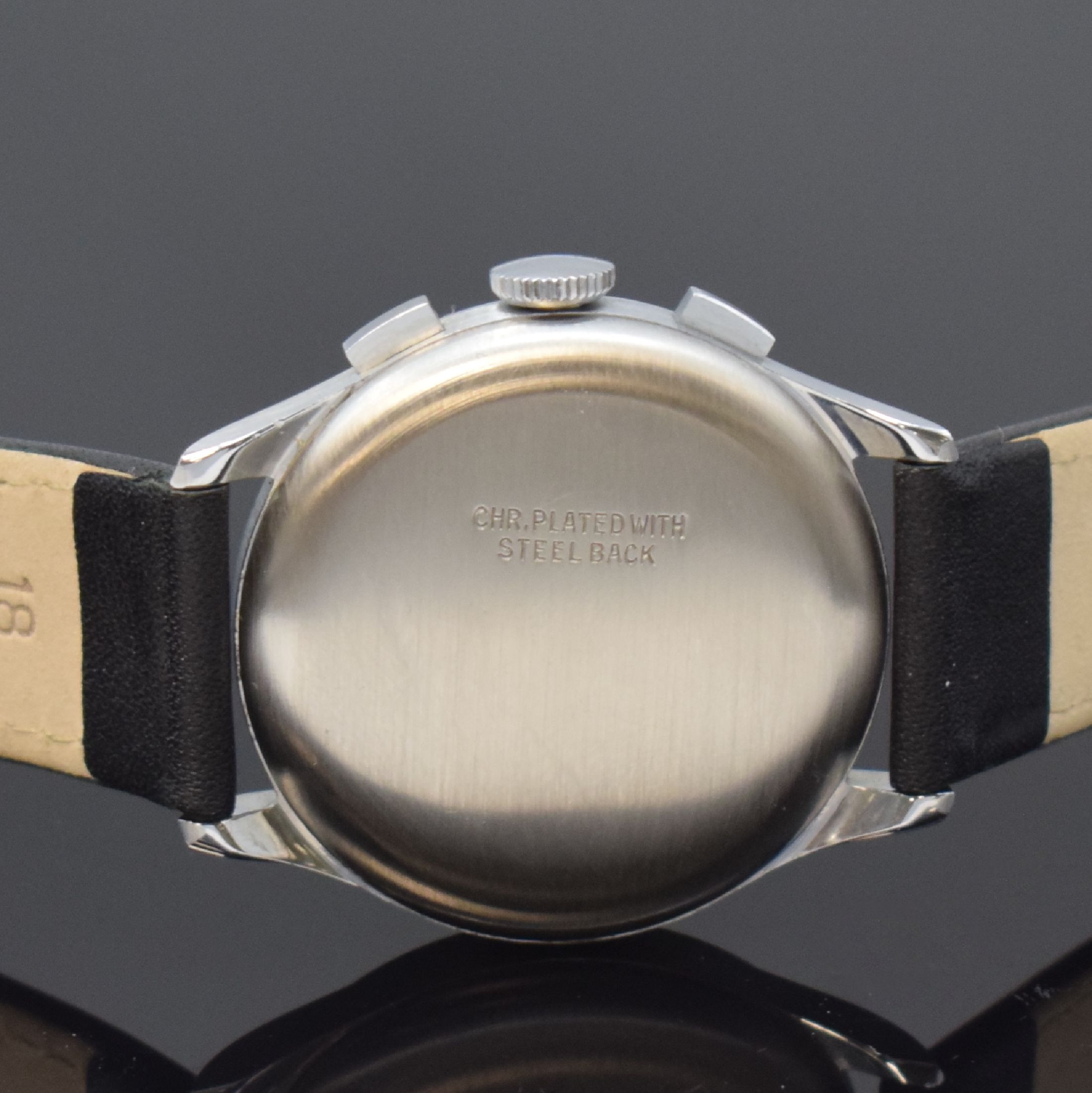 Detail c: DUBEY & SCHALDENBRAND verchromter Herrenchronograph, Schweiz um 1980, Handaufzug, Stahlboden gedr., silb. Zifferblatt m. silb. Std.-Ind., gebl. ...
