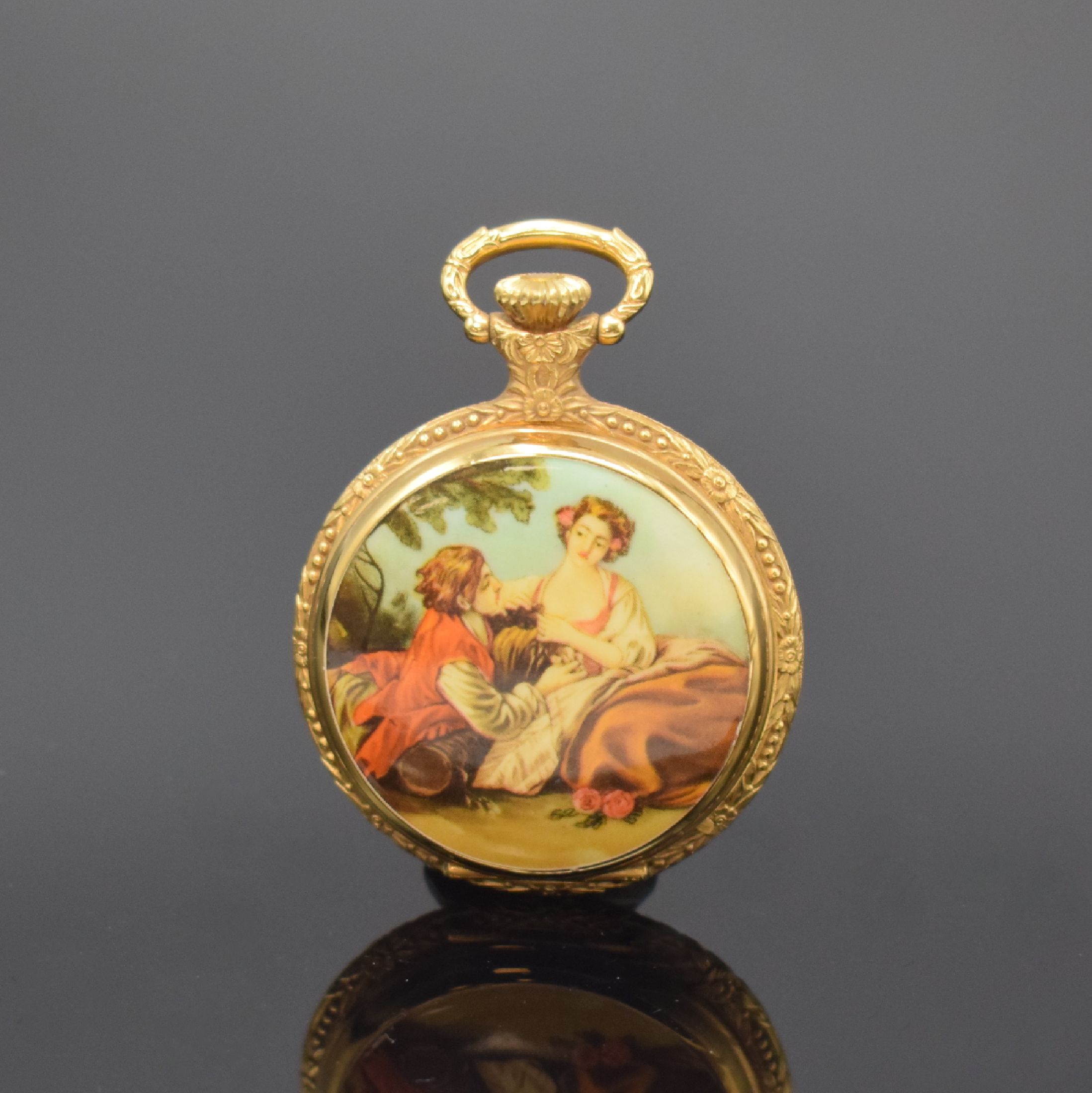 REUGE kleine Spieluhr, Schweiz um 1980, verg. Geh. floral grav., Sprungdeckel m. Darst. einer Liebesszene, Walzenspielwerk, rücks. aufziehbar, ...