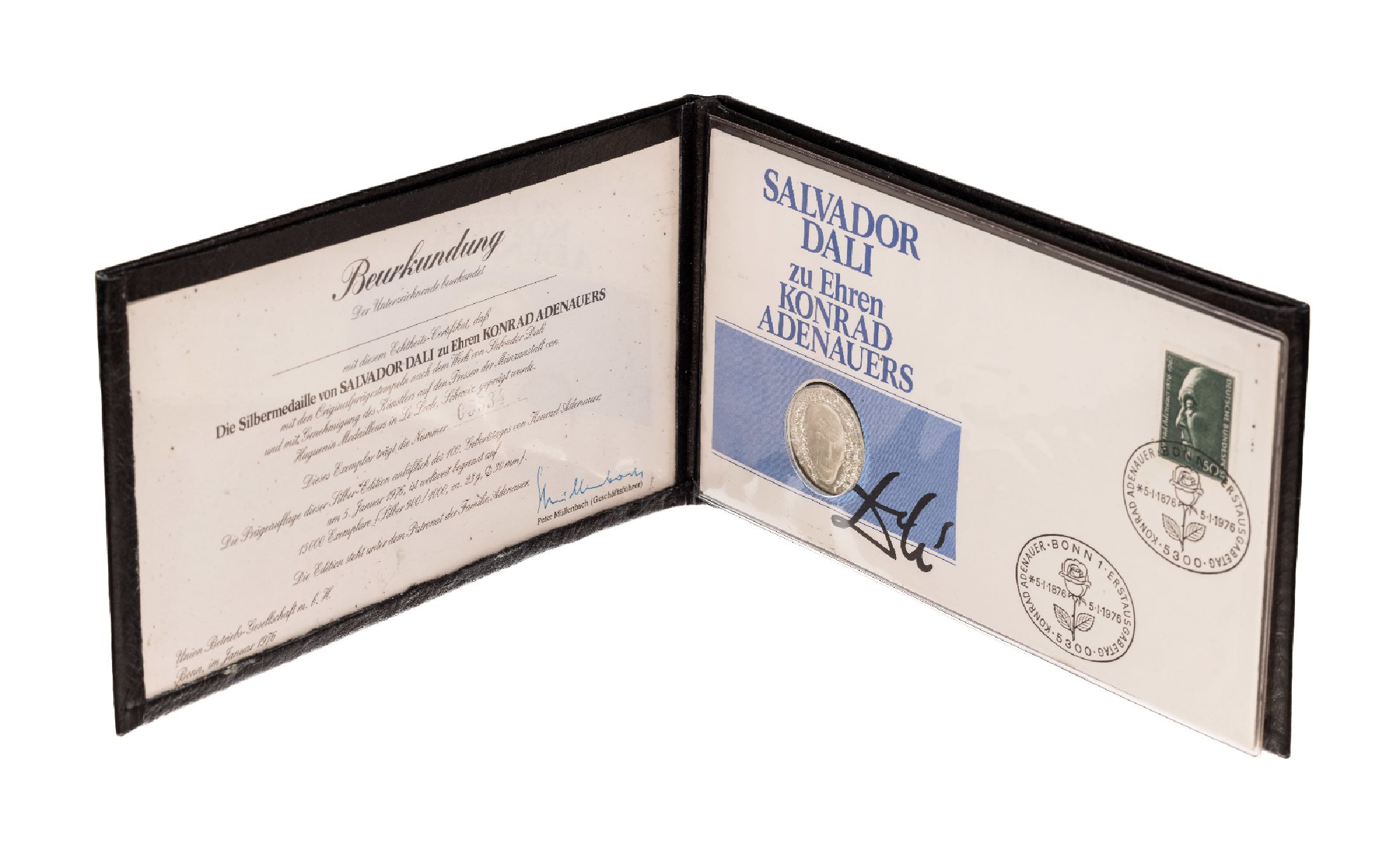 Silbermedaille von SALVADOR DALI zu Ehren Konrad Adenauer, limitierte Auflage anlässlich des 100. Geburtstags von Konrad Adenauer, hier 5074/15000, ...