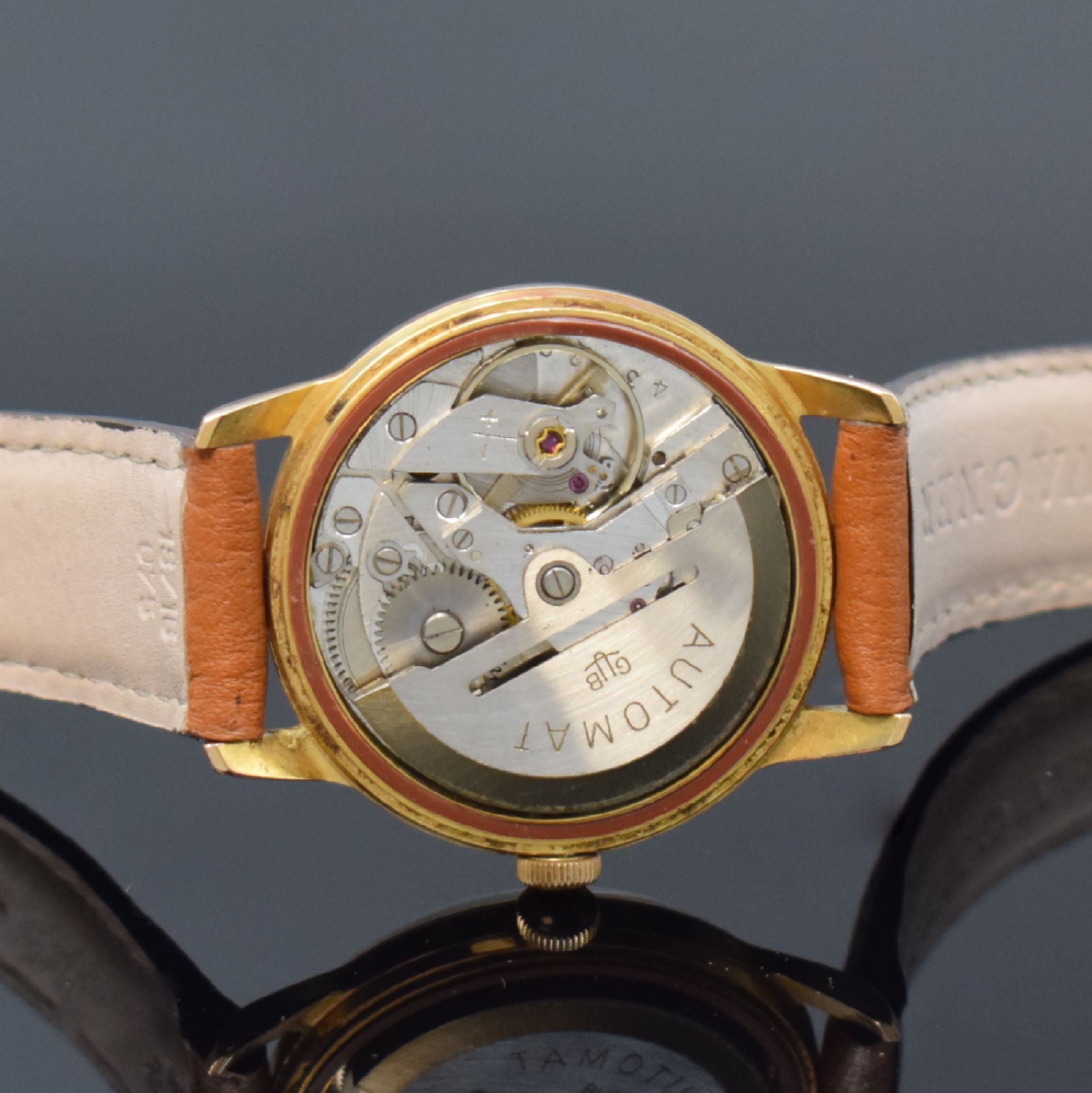 Detail i: GUB 2 vergoldete Armbanduhren, Deutschland um 1960, 1) GUB Kaliber 68.1, Automatik, verg. Geh., aufgedr. Stahlboden, silb. Zifferbl., gold. Indizes ...
