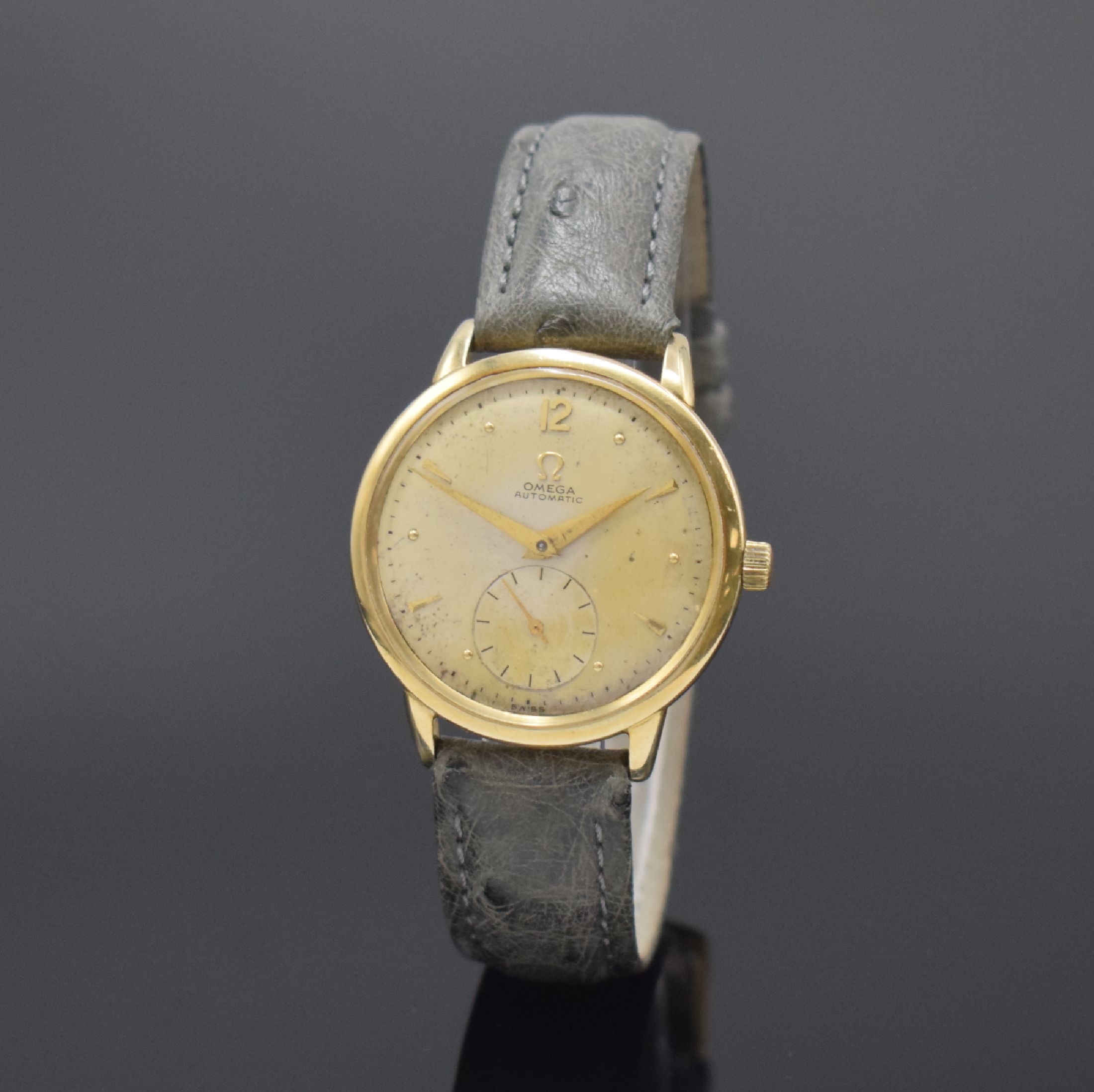 OMEGA Herrenarmbanduhr mit Hammerautomatik, Schweiz um 1952, Ref. F-6212, 14k Gold Filled Gehäuse, Boden u. Glasrand aufgedr., silb. Zifferblatt ...