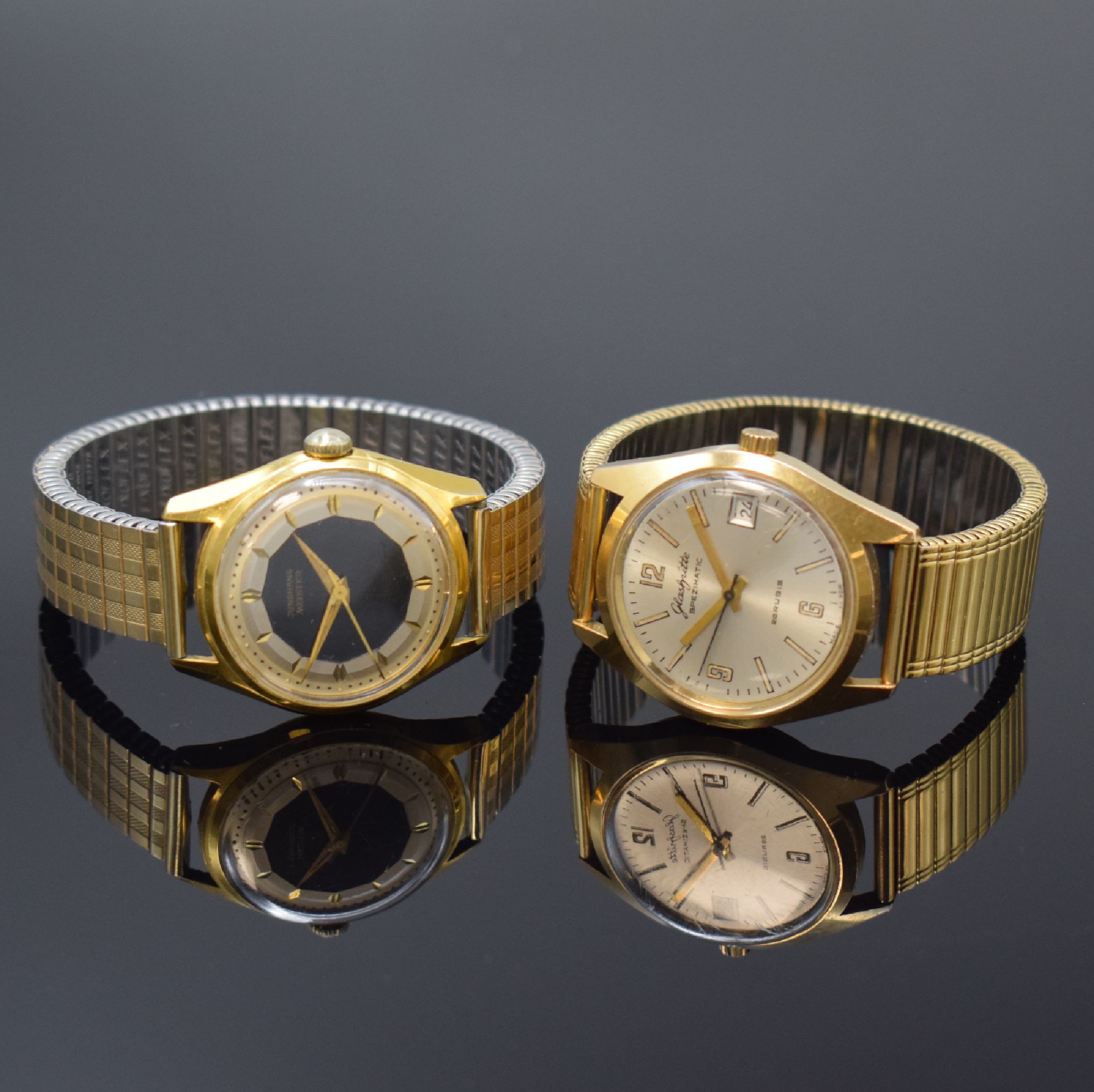 JUNGHANS Meister und GLASHÜTTE Spezimatic 2 Armbanduhren, Deutschland um 1960/1975, beide verg. Flexbänder, 1) Glashütte Spezimatic, Automatik, ...