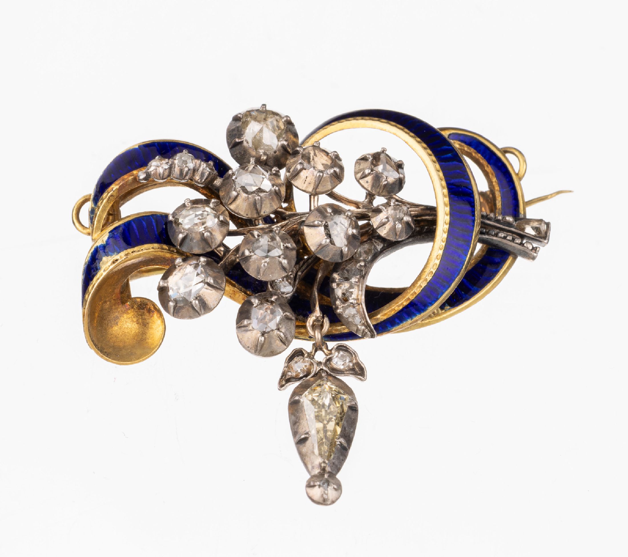 18 kt Gold und Silber Diamant-Brosche mit Email, um 1850/60, GG 750/000 und Silber gepr., Diamantrosen in Silber gefasst in Form eines ...