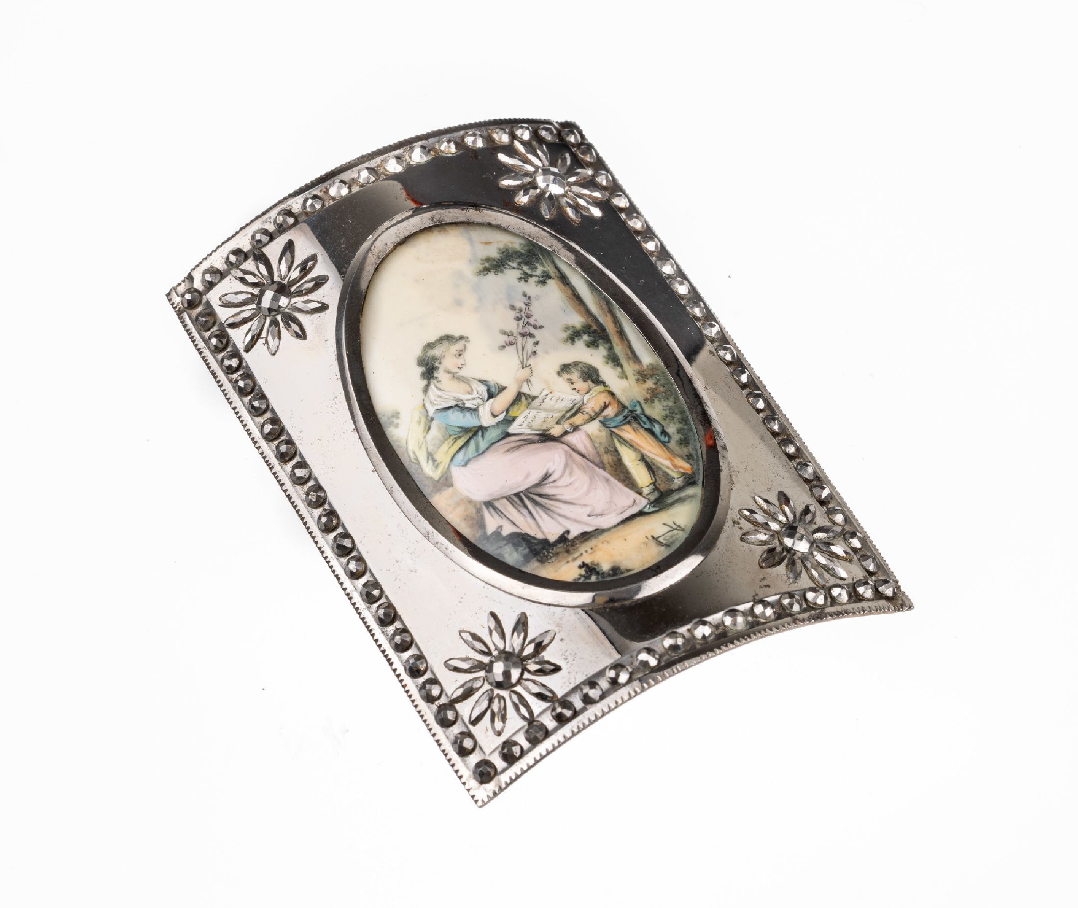 Gürtelschließe wohl Frankreich um 1830/40, Stahl poliert, mittig im Oval Miniatur in stiltyp. Pos., antikisierend, Fortuna mit Kind als Darbieter, ...